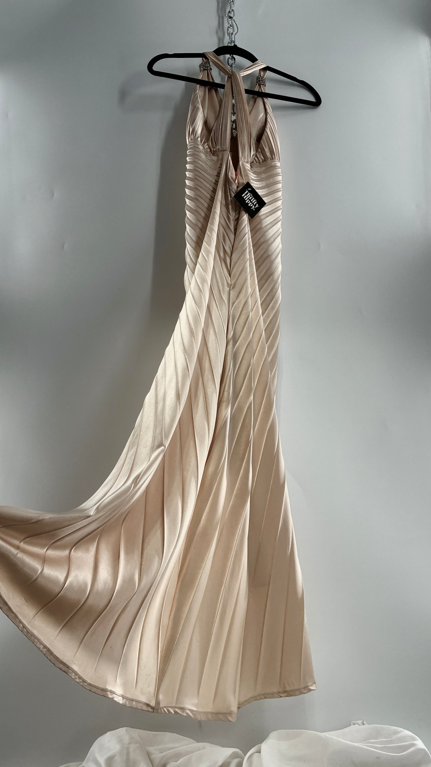 Vintage ISSUE Pleated Champagne Gown with Vented Slit Front, Crystal Bust Appliqué and Strap Cuffs (2)