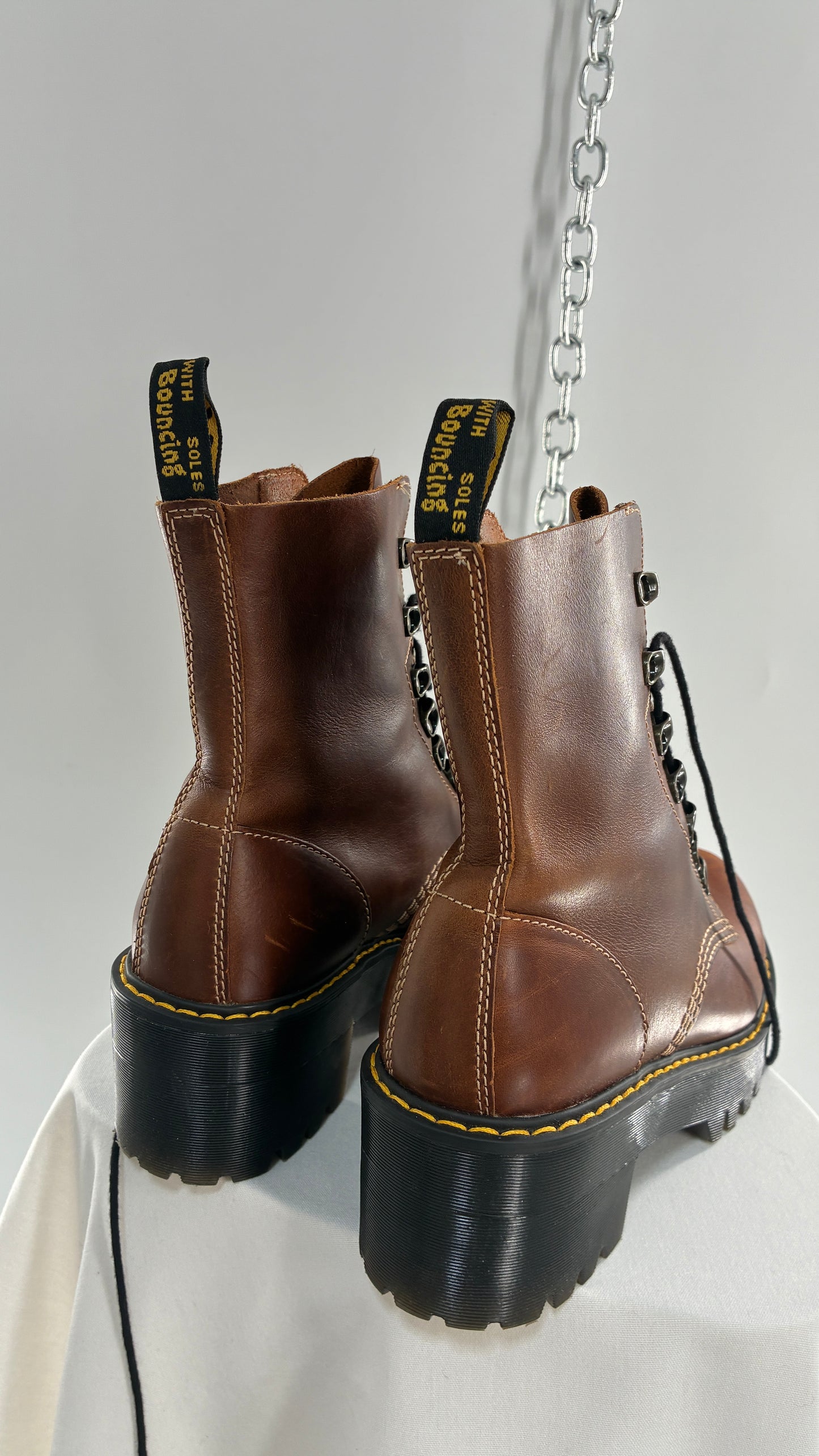 DR. MARTENS Leona Saddle Leather Platform Boots (9L)