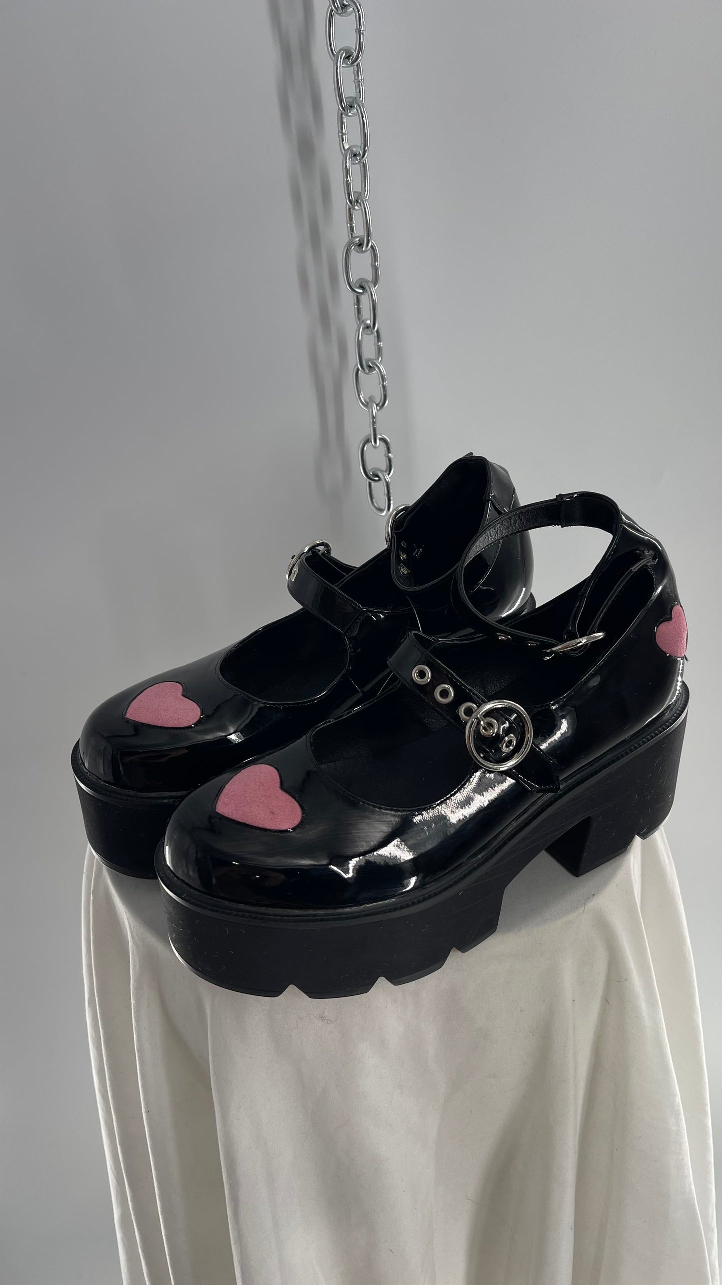 LaModa Ironic Black Patent Multibuckle Mary Jane with Pink Hearts (8)