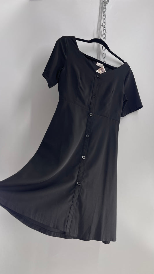 Vintage Wind Black Button Front Short Sleeve Mini Dress (S)