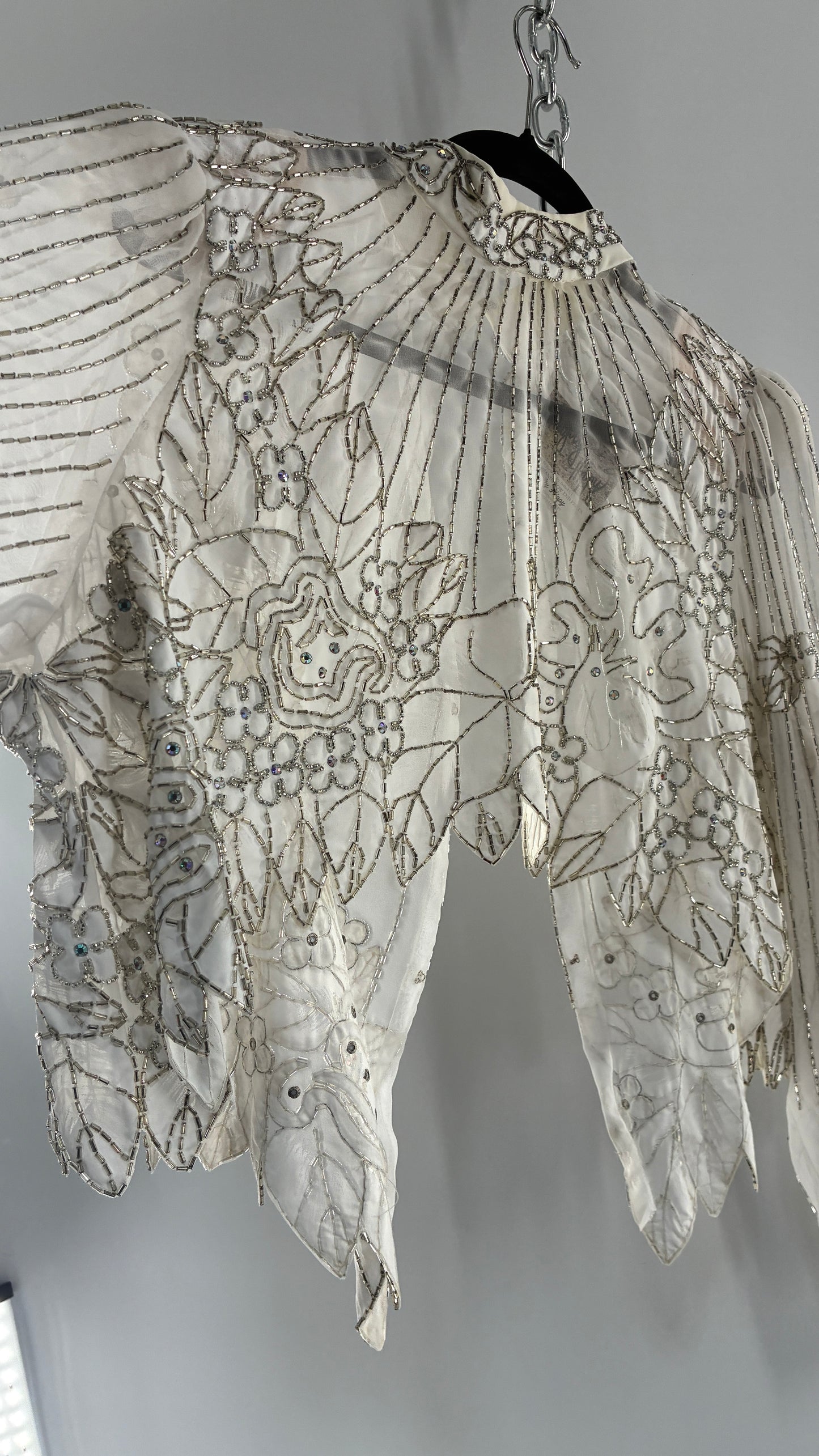 Vintage Sheer White Bridal Beaded Open Back Floral Blouse with High Neck (Medium)