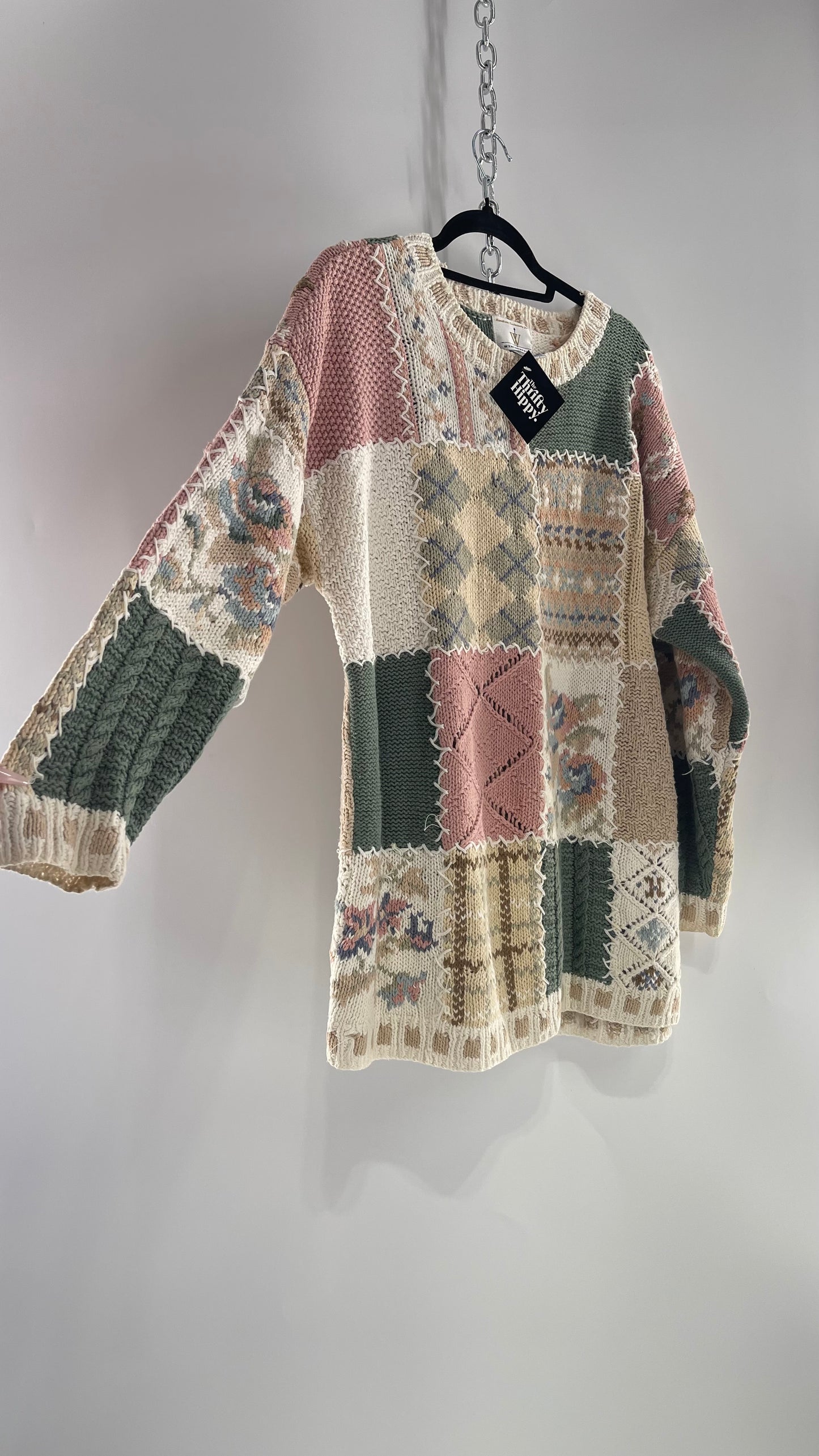 Vintage WEATHERVANE Rare Heavy Hand Knit Patchwork Sweater (Large) (55% Ramie 45% Cotton)