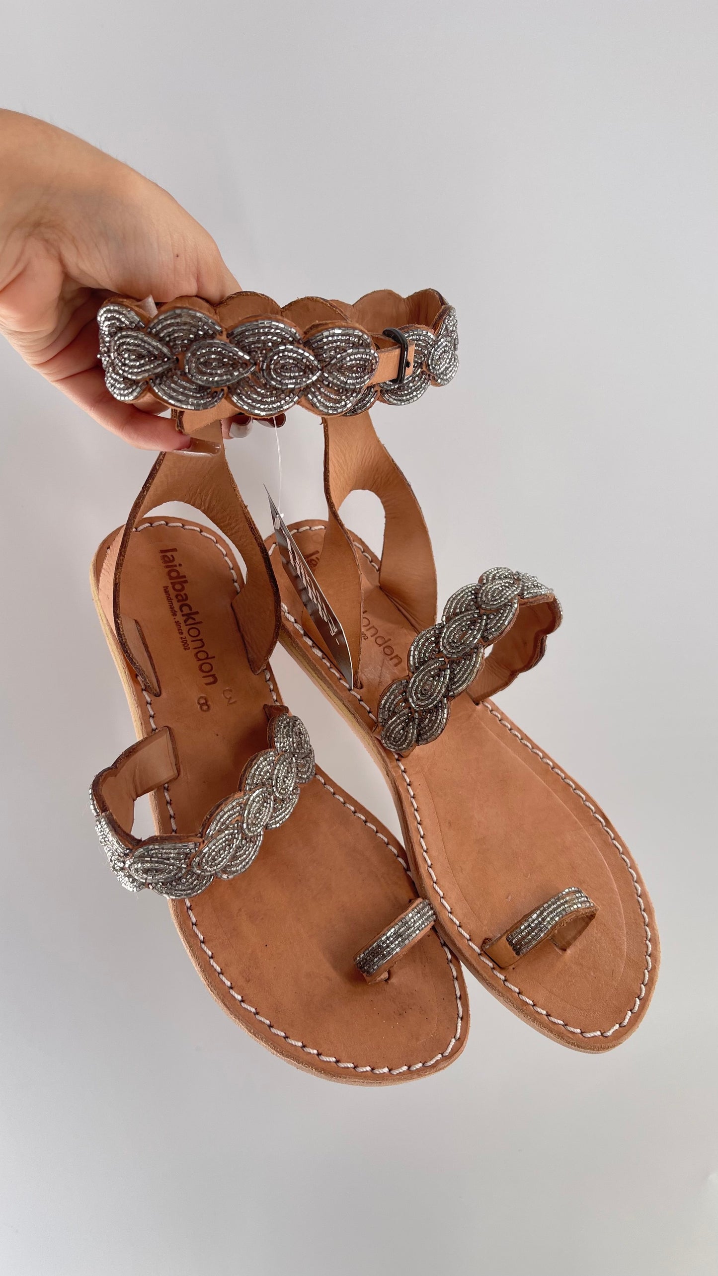 Free People Laidback London Handmade Sandals with Tan Leather Straps Covered in Silver Beaded Details (38)