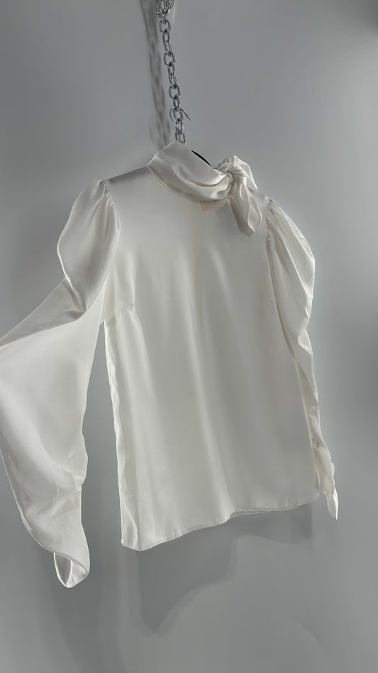 KEEPSAKE Anthropologie White Puff, Balloon Sleeve Blouse with Neck Tie Detail (XS)