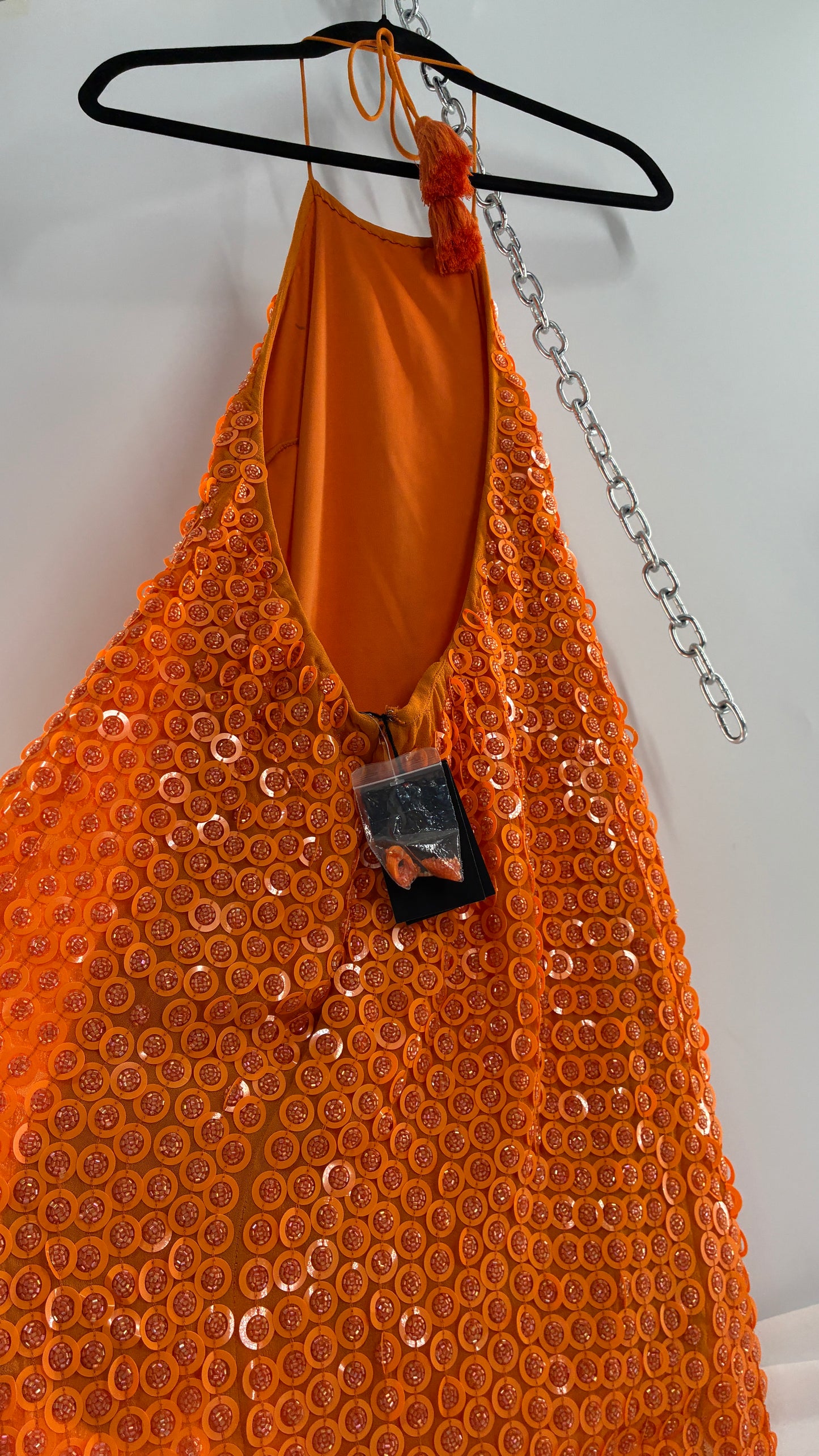 X by NBD Orange Backless Halter Mini Dress with Scalloped Hem, Covered in Beads and Sequins (Medium)