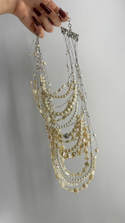 Vintage Handmade Exaggerated Multi Layer Pearl, Beaded Statement Necklace for Plunging Necklines