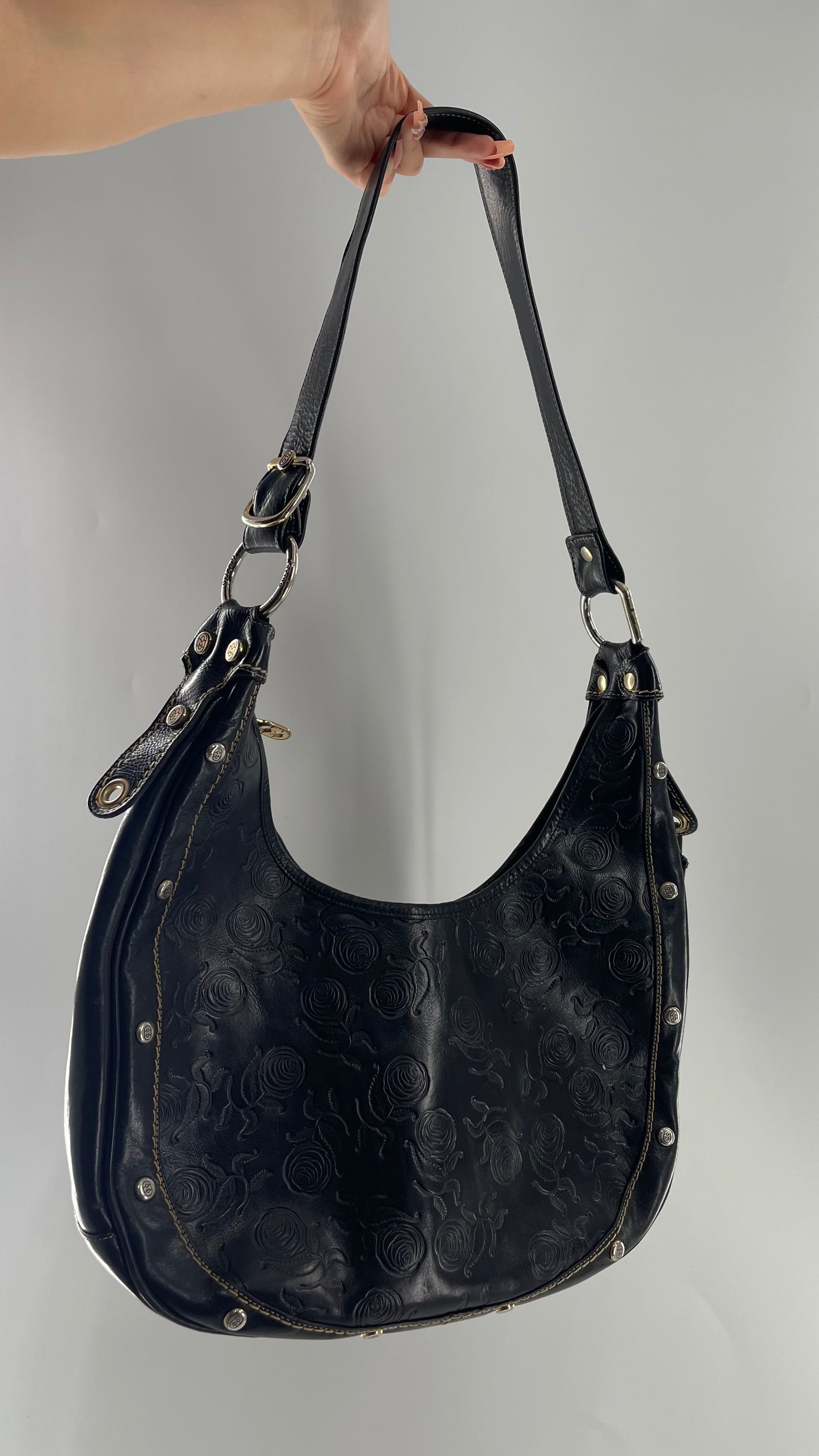 Vintage Marino Orlandi Black Leather Embossed Rose Studded Satchel Bag