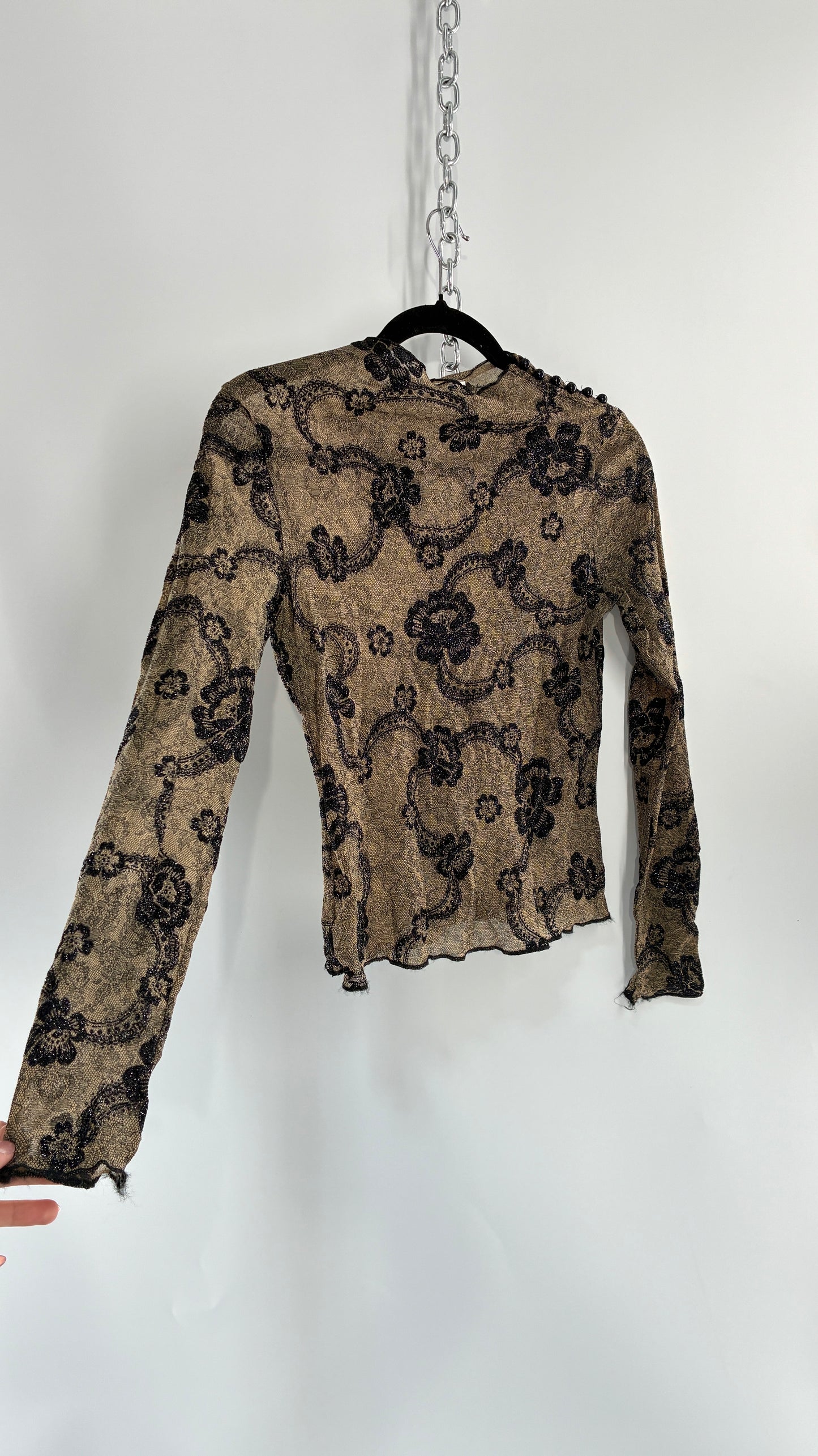 Vintage NEWPORT NEWS Sheer Lace Top with Glitter Floral Design (S/M)