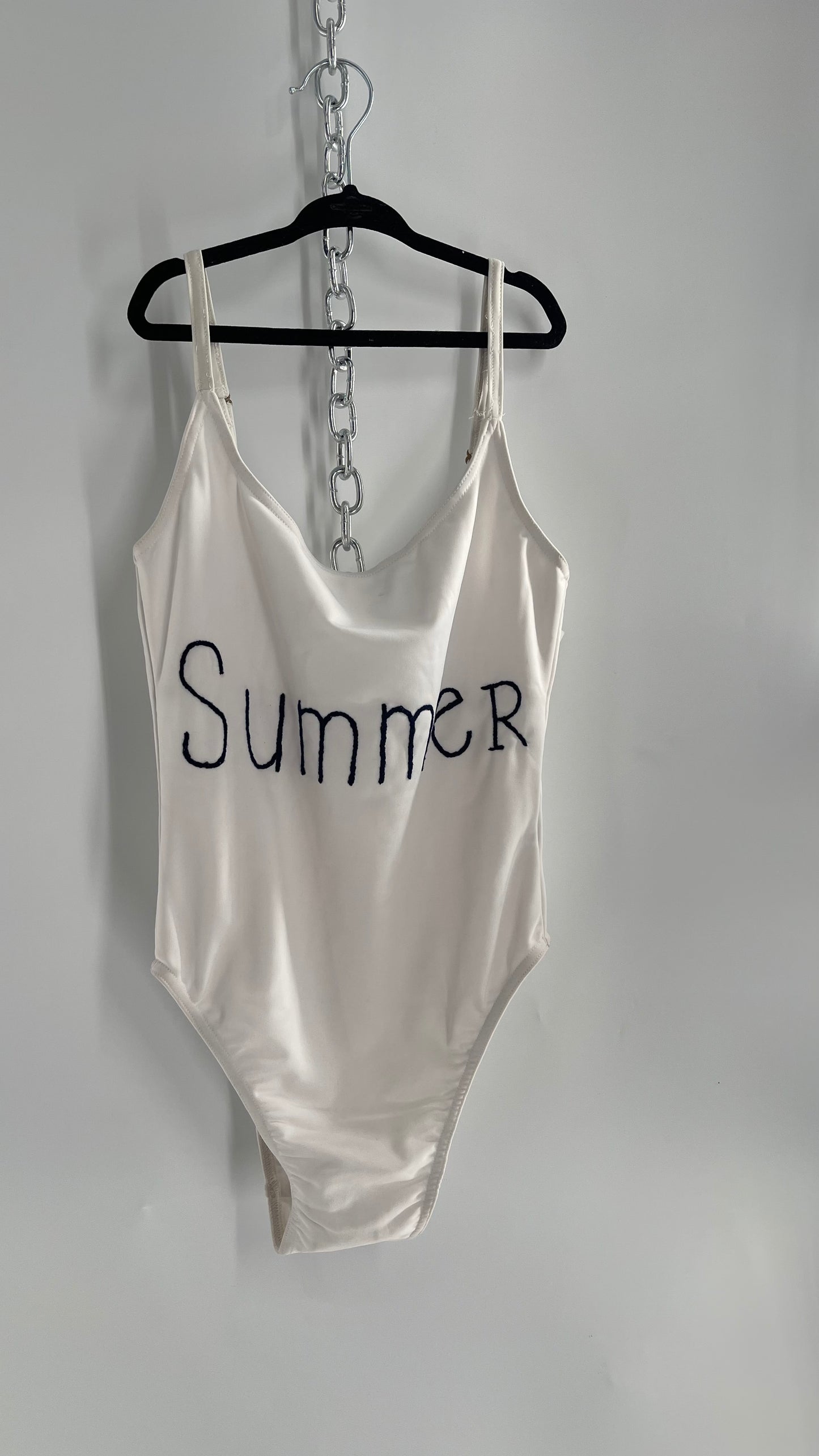 Bannerday White Bathing Suit with Black “Summer” Embroidery (Small)