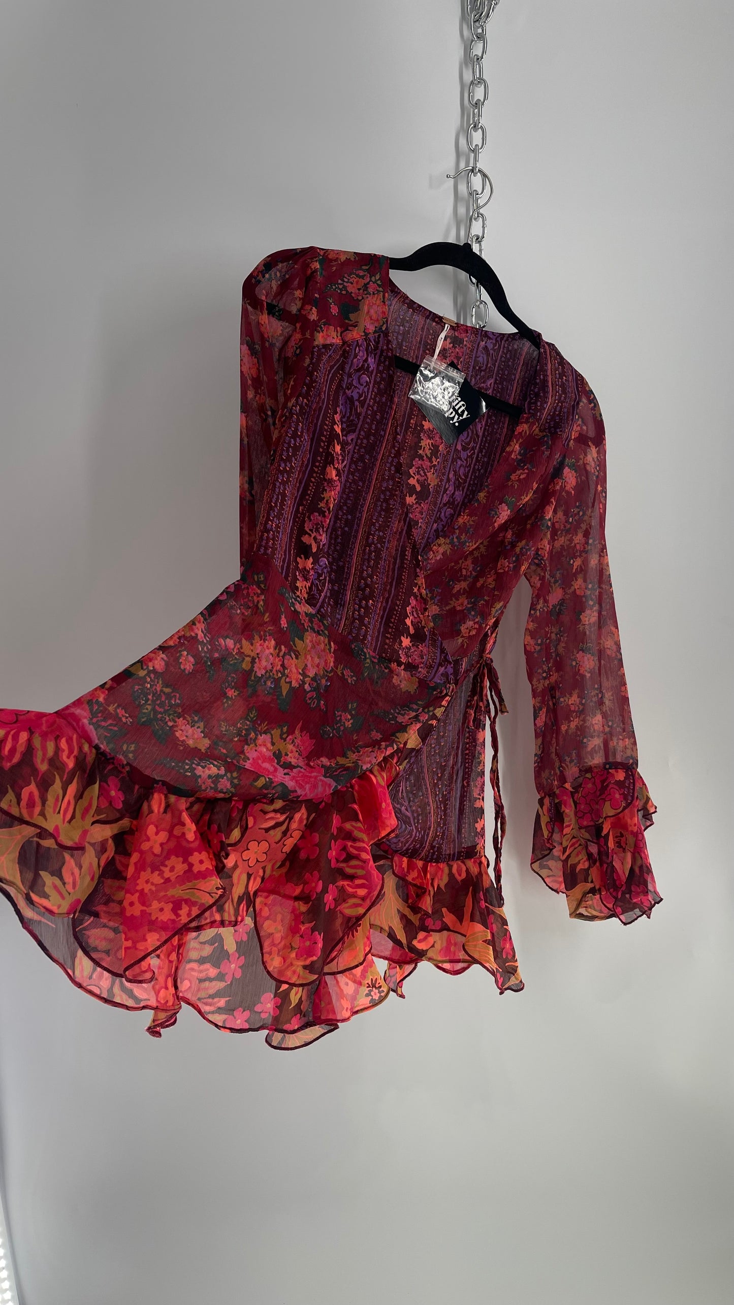 Free People Maroon/Burgundy Red Floral Tie Front Blouse with Ruffled Sleeves and Hem (Small)