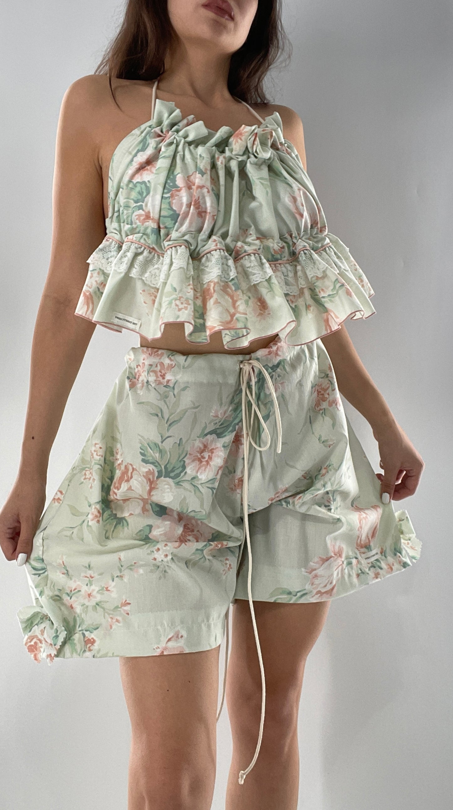 Vintage 2 Piece Bloomers and Babydoll Blouse Set Covered in Delicate Florals, Ruffles, Bows and Lace (One Size)