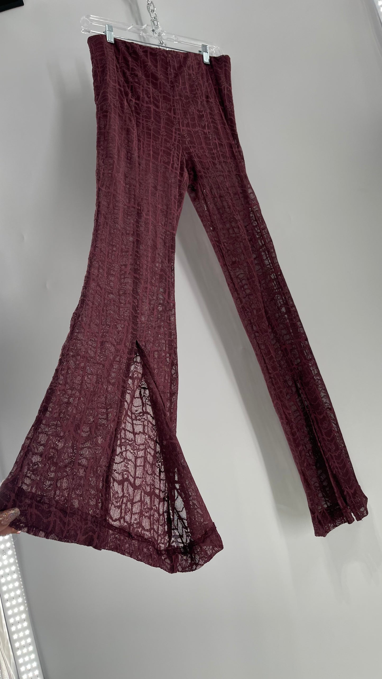 Free People Plum Lace Flares with Vented Hem and Sewn in Shorts Tags Attached (Medium)