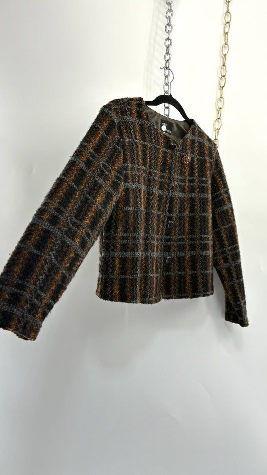 Vintage FIRST OPTION Plaid Knit Cardigan Jacket with Jewel Broche (Small)