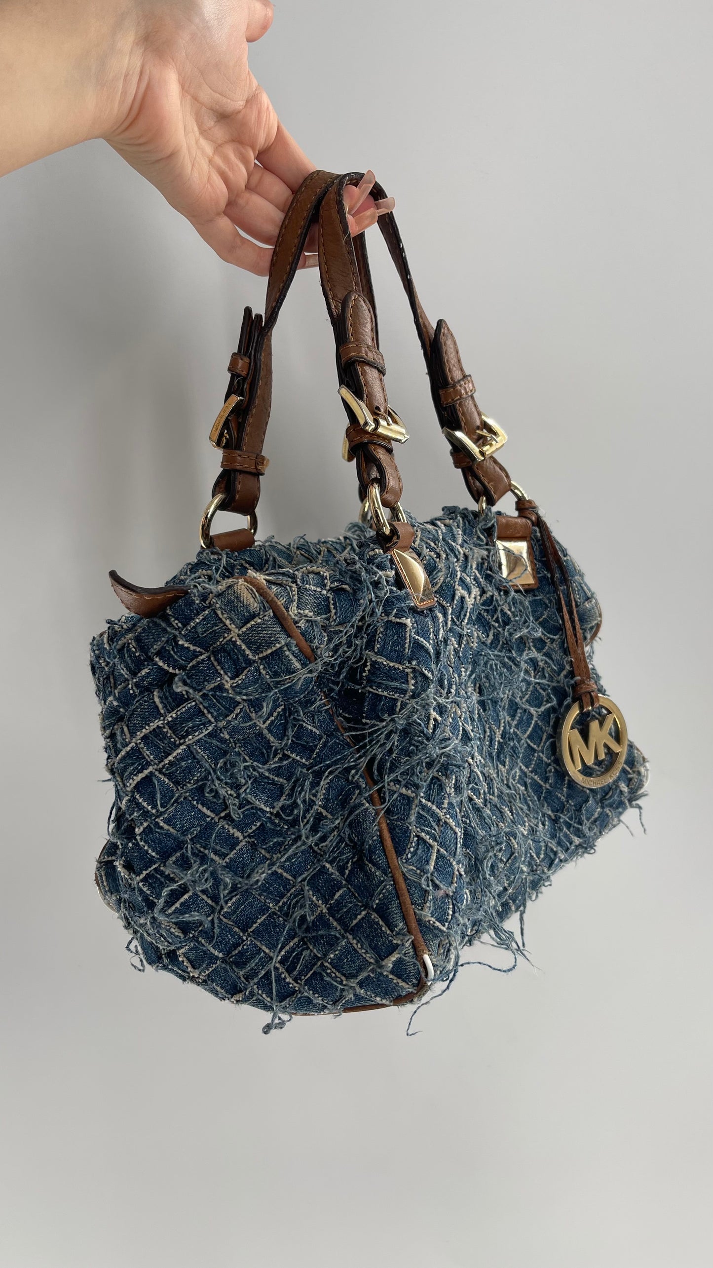 Vintage Michael Kors Woven Distressed Denim Bag with Leather Straps and Gold Hardware