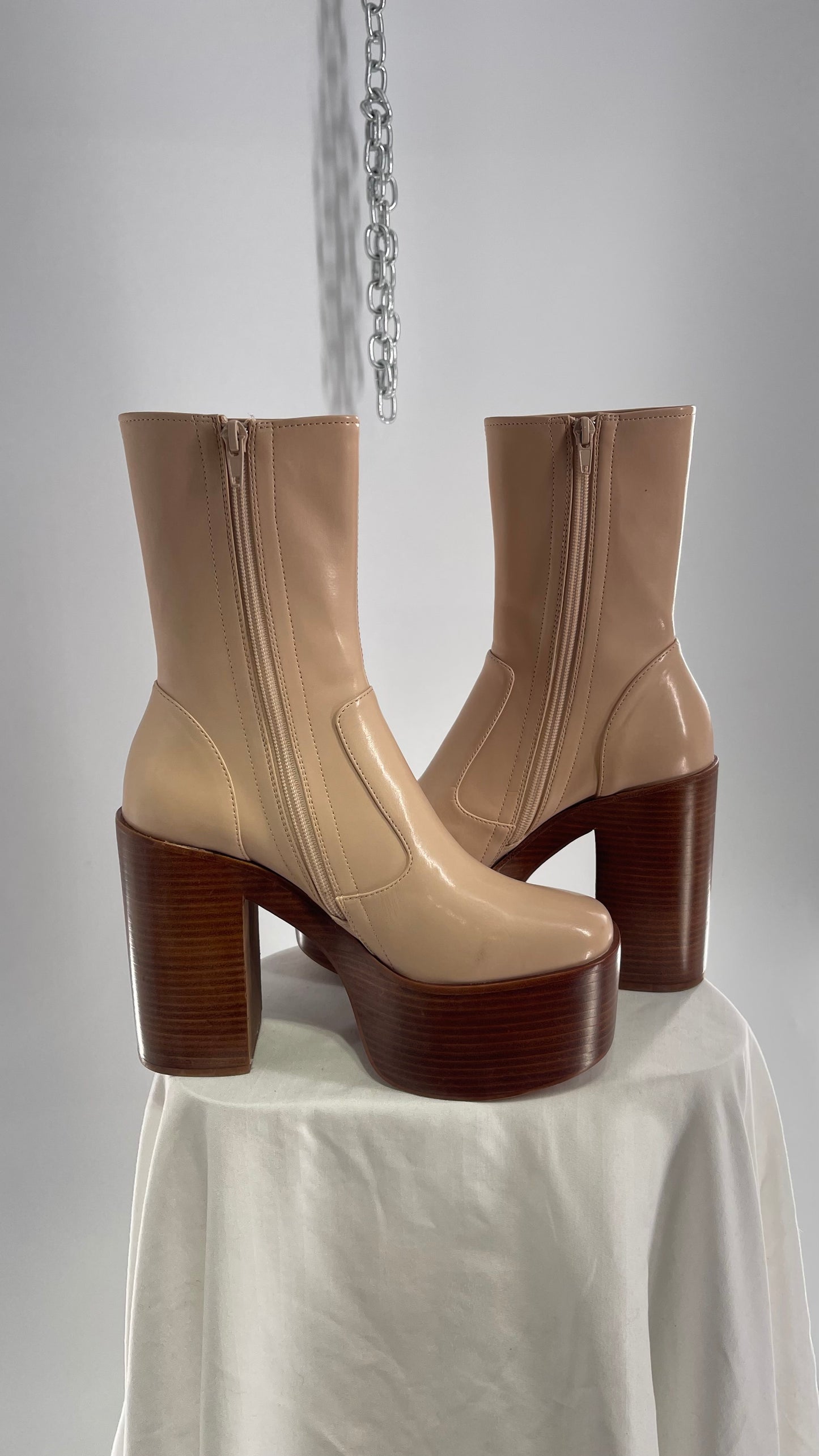 Free People X Jeffrey Campbell Mexique GoGo Boots • Beige Patent Boot with Wood Grain Chunky Block Heel and Platform  (8)