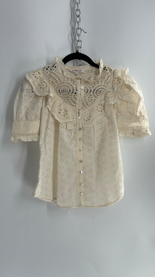 Love the Label Off White Button Front Puff Sleeve, Lace Eyelet Blouse (XS)