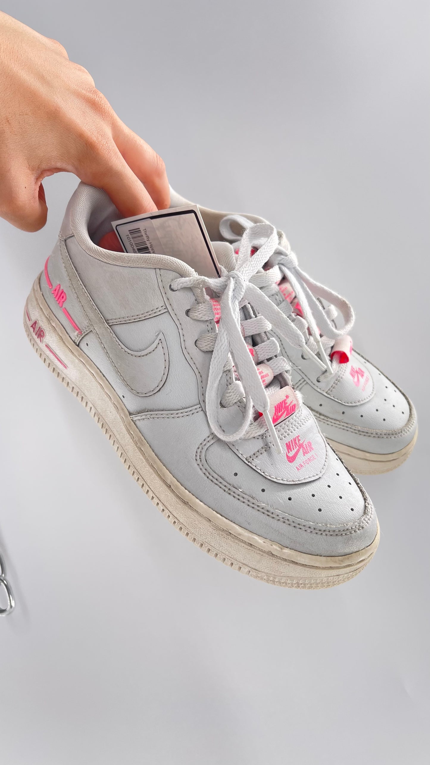 Custom Nikes Worn White with Tags on Laces and Neon Pink Details (4Y)