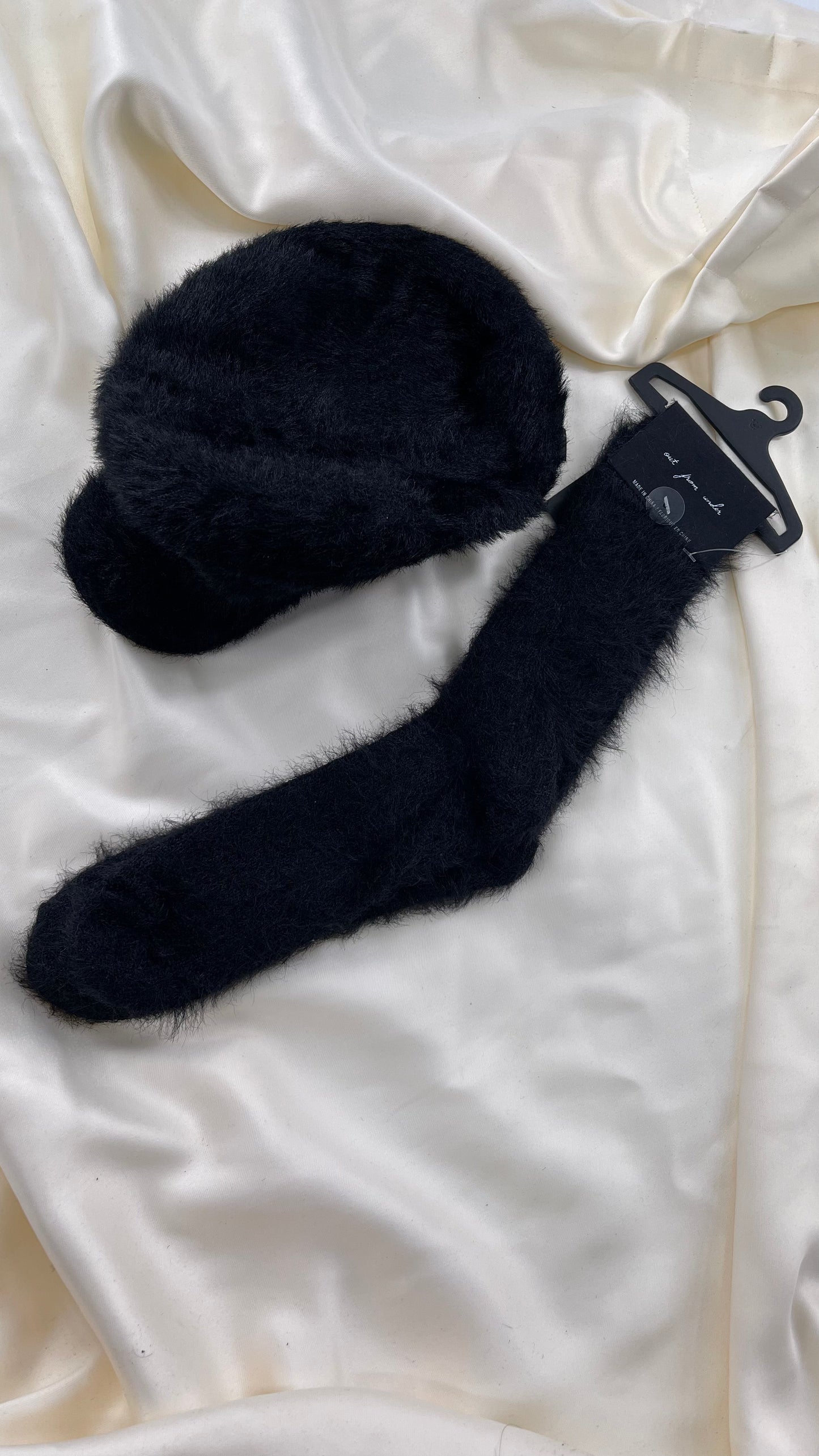 Urban Outfitters Black Fuzzy Newsboy Cap and Knee High Sock Set