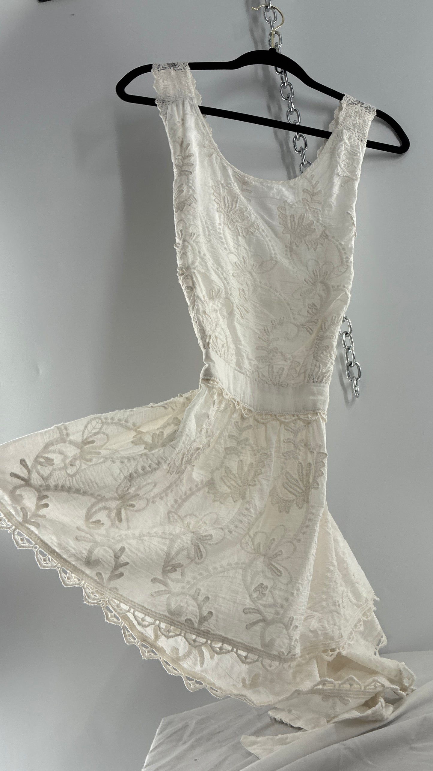 Forever That Girl Anthropologie White Apron Style Blouse with Low Open Back, Tie Detail, and Tags Attached (6)