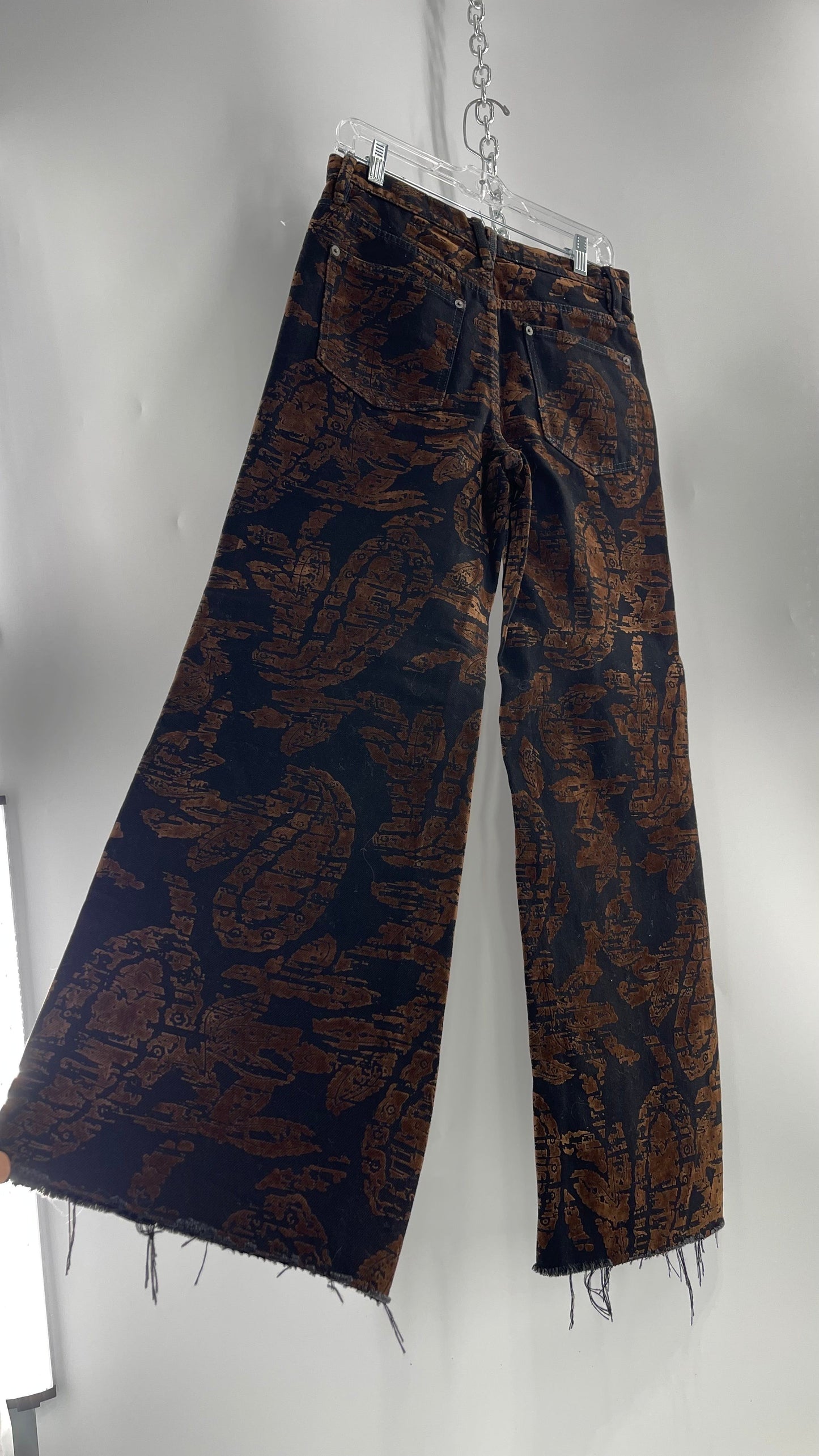 Free People Black/Brown Velvet Texture Graphic Straight Legs with Raw Edge Hem (27)