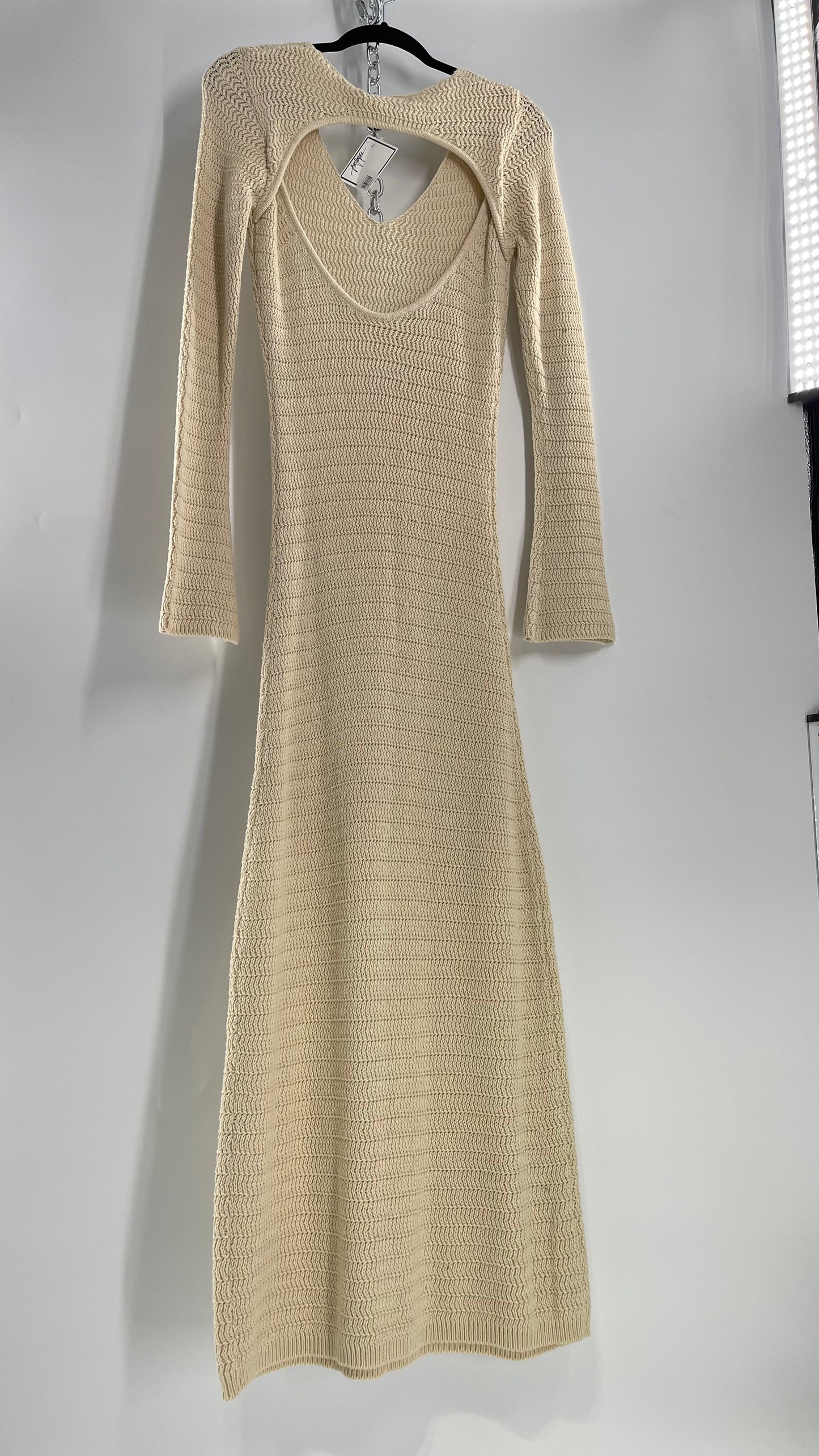 Free People Cozy Cream Knit Open Back Maxi Dress with Slight Bell Sleeve (Large)