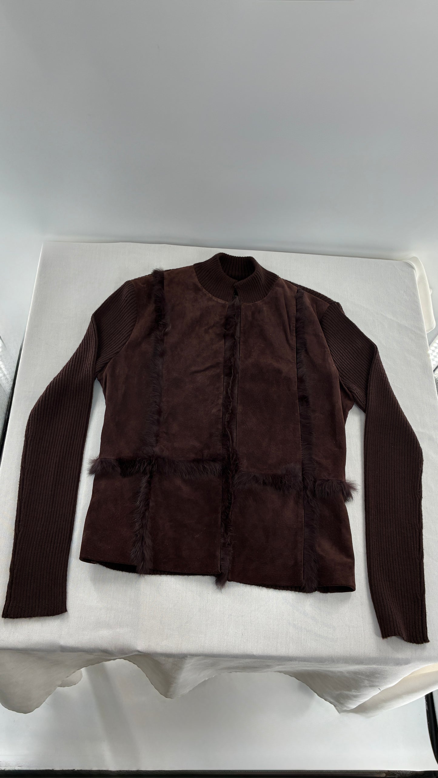 Vintage Brown Ribbed Jacket with Genuine Suede Leather Paneling and Rabbit Fur Trim (Medium)