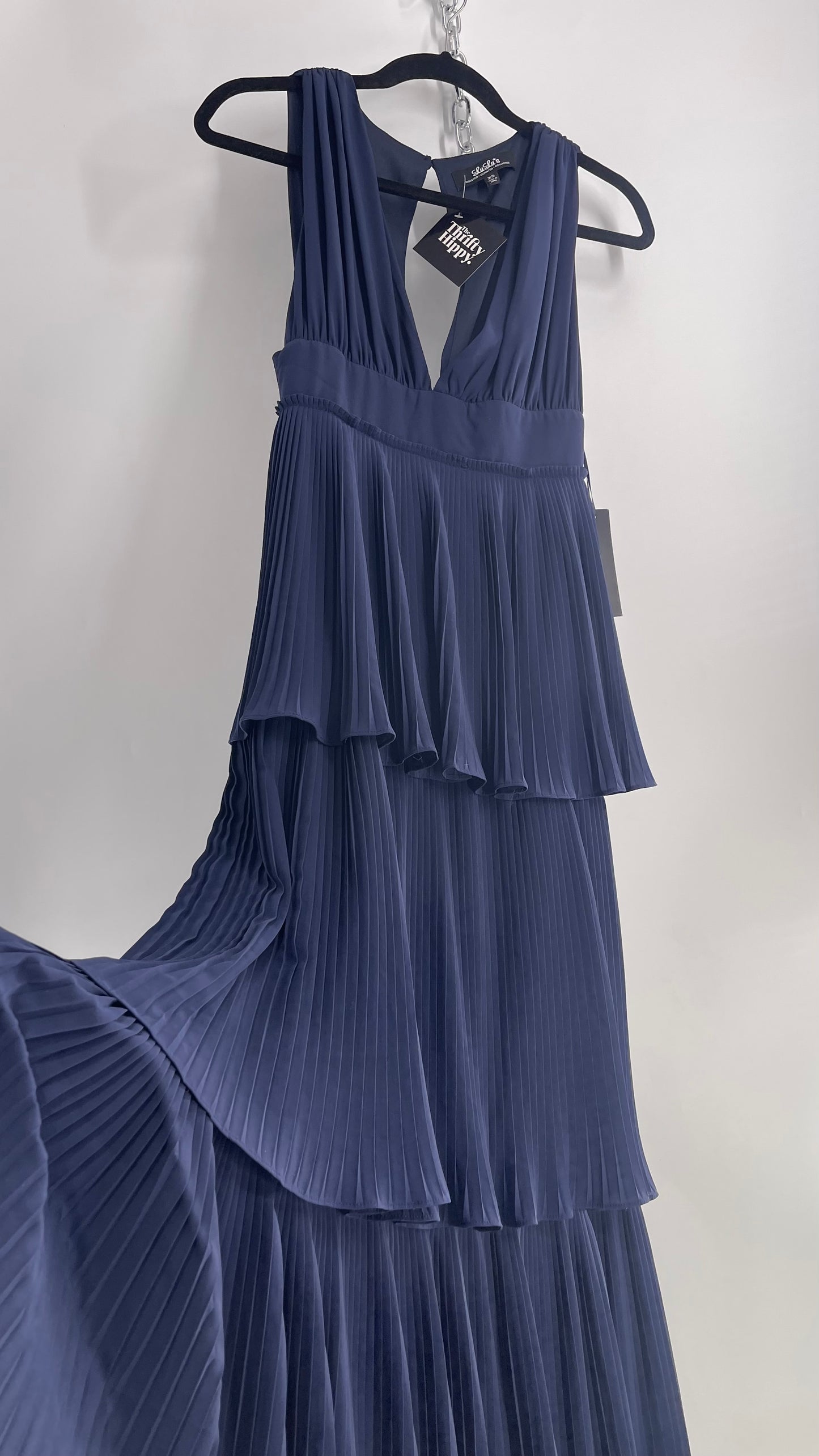 Lulu*s Pleated Navy Blue Floor Length Gown with Three Tiers and Tags Attached (XS)