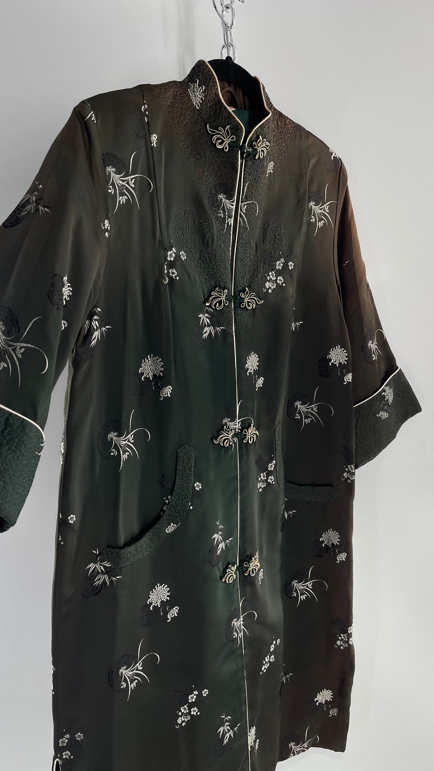 Vintage Hong Kong, Hand Made, Dark Green Silk Kimono Coat/Smoking Jacket (38)