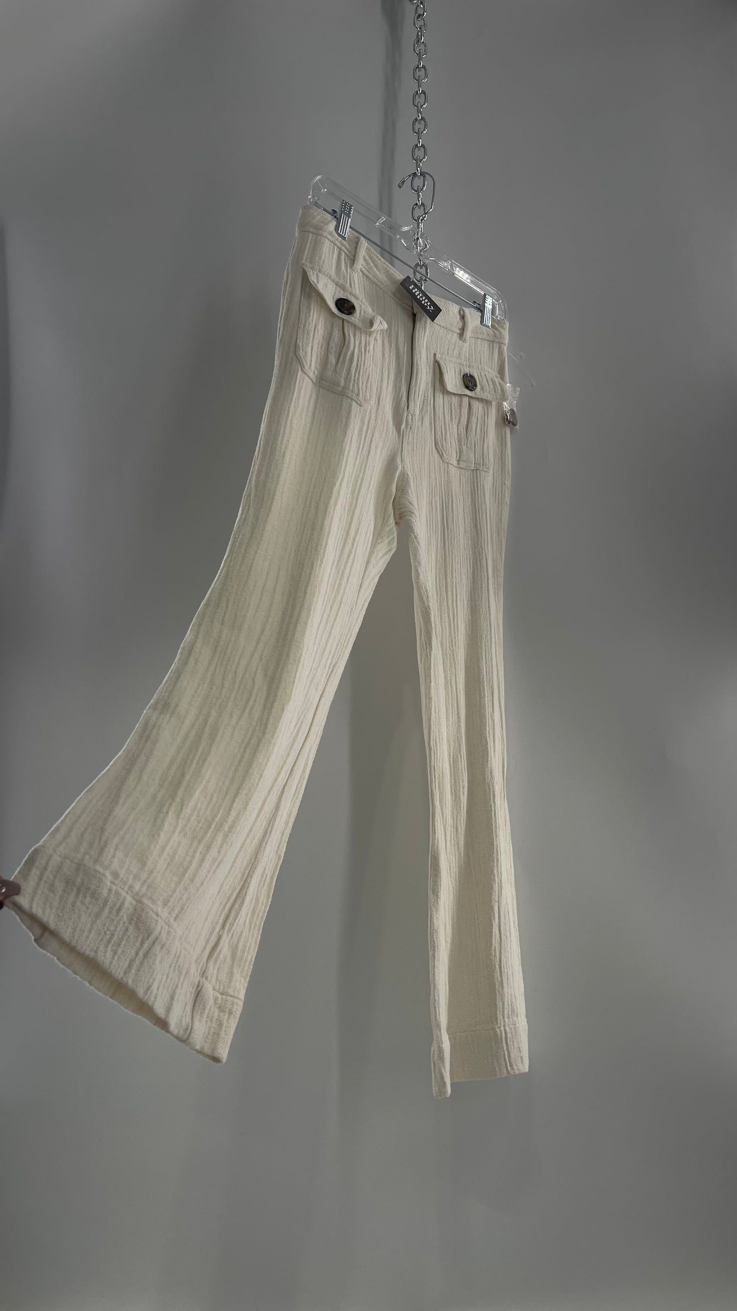 Free People White 55% Linen 45% Cotton Crimped Kickflare with Double Pockets and Brown Tropical Style Button (8)