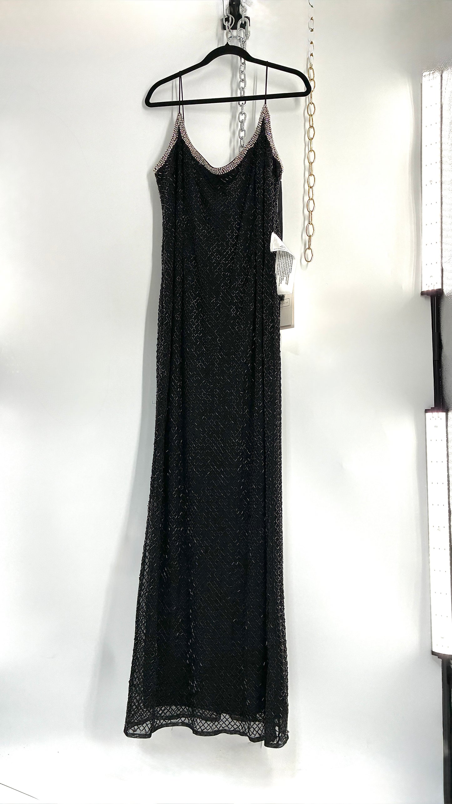 Vintage MAC DUGGAL Black Beaded Spaghetti Strap Column Gown with Tags Attached (16)