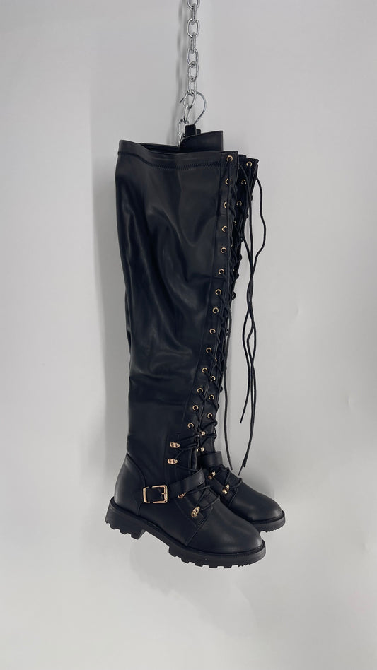 Shoedazzle Black Tall Boots with Gold Hardware (7)