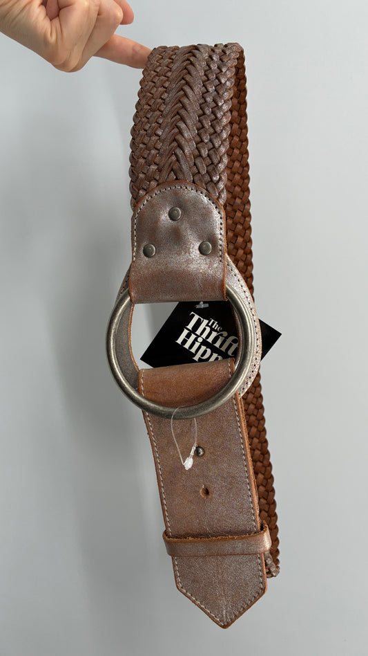 Vintage ARMANI Metallic Silver Thick Braided Leather Belt with Oversized Metal Loop Buckle (Small)