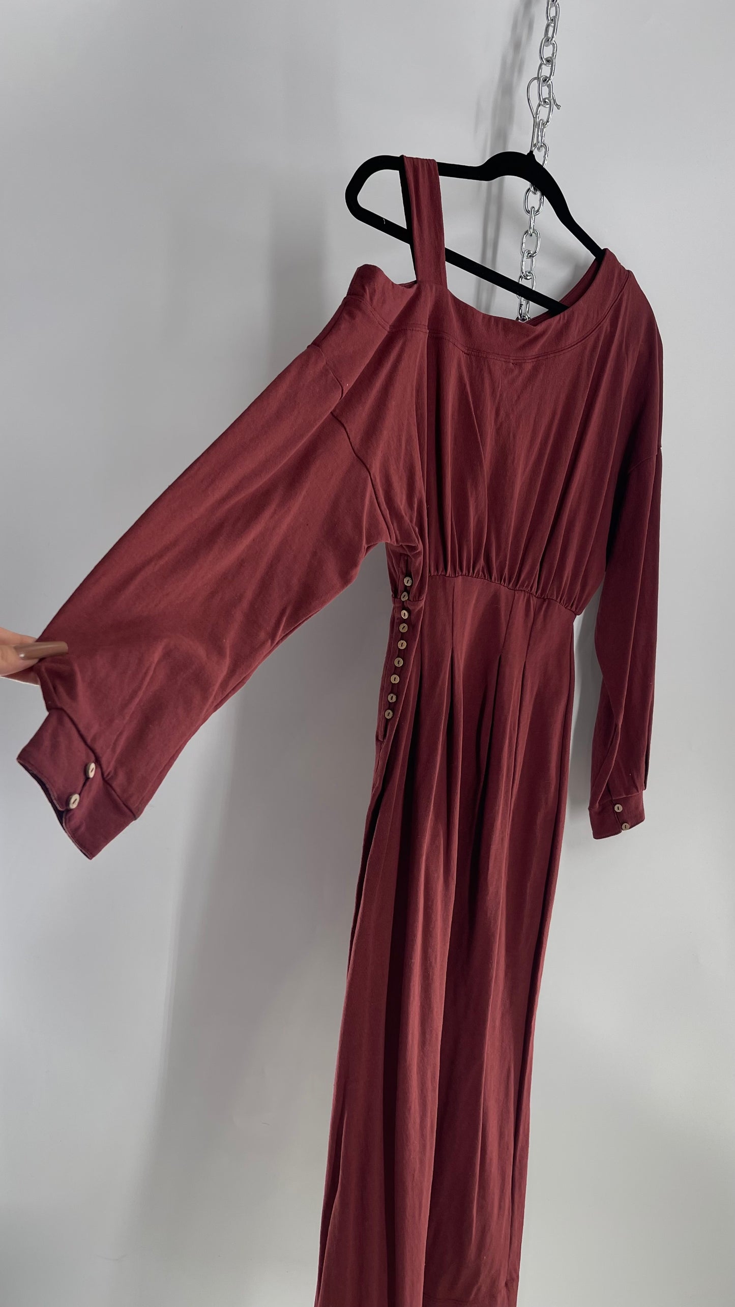 Free People Maroon Bubble Sleeve, Side Button, Off Shoulder Dress (Small)