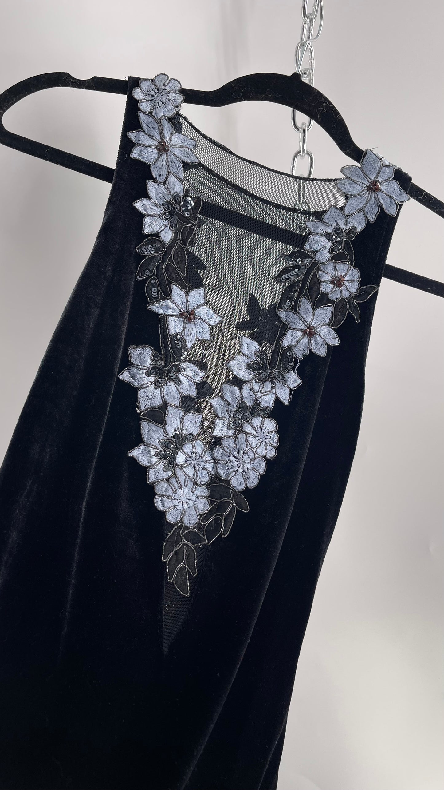 Vintage Jessica McClintock Black Velvet Fit And Flare Gown with Plunging Neckline Covered in Embroidered Beaded Pale Blue Flowers (2)