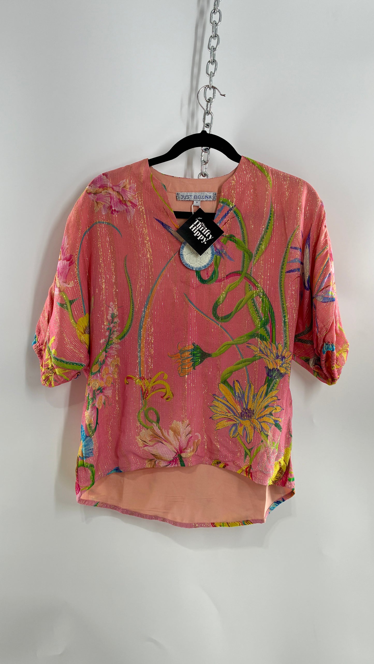 JUST BELLINA Pink Tropical Patterned Puff Sleeve Blouse with Gold Threading and Tags Attached (Small)