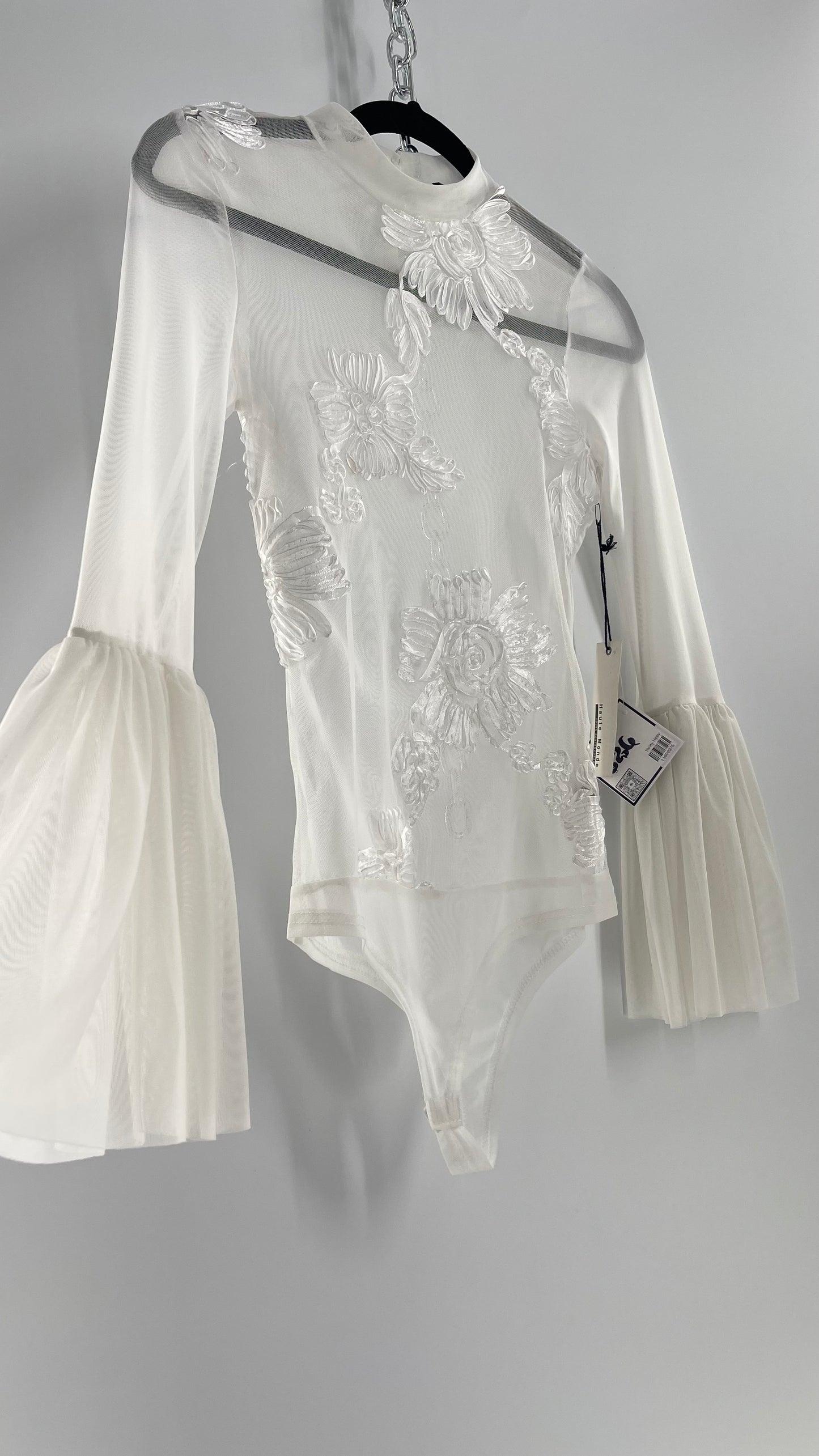 Haute Monde White Mesh Bodysuit with Ribbon Embroidery, Bell Sleeves and Tags (Small)