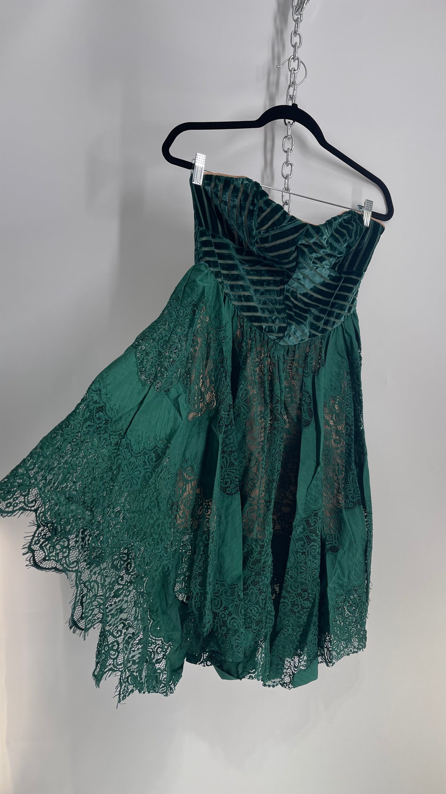 Free People Emerald Green Dress with Velvet Sweetheart Neckline Bustier Bodice with Scalloped Lace, Handkerchief Hem Skirt over Nude Underlay 
 (4)