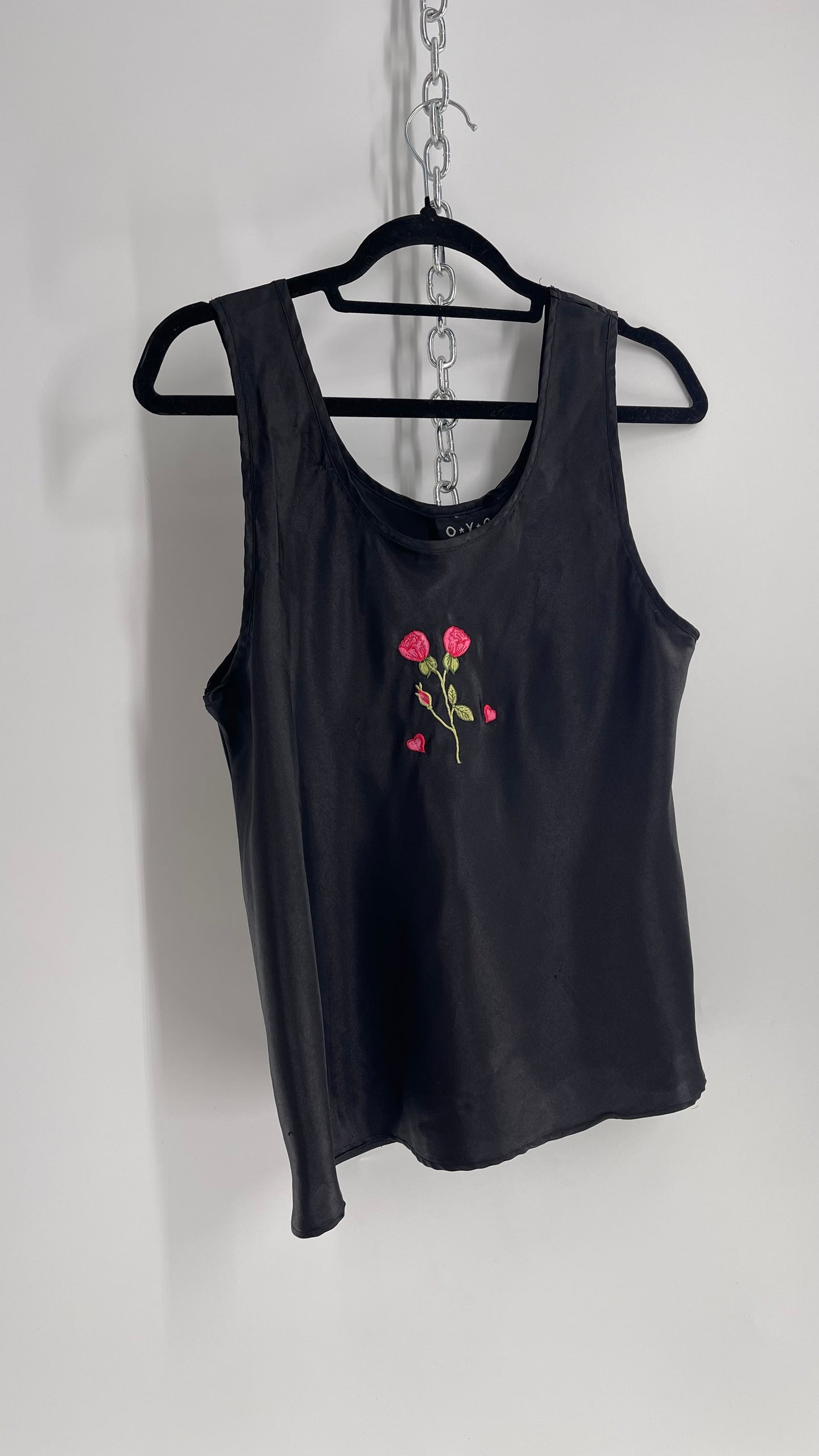 Vintage OYO Black Silky Slip Tank with Rose and Hearts Embroidery (Large)