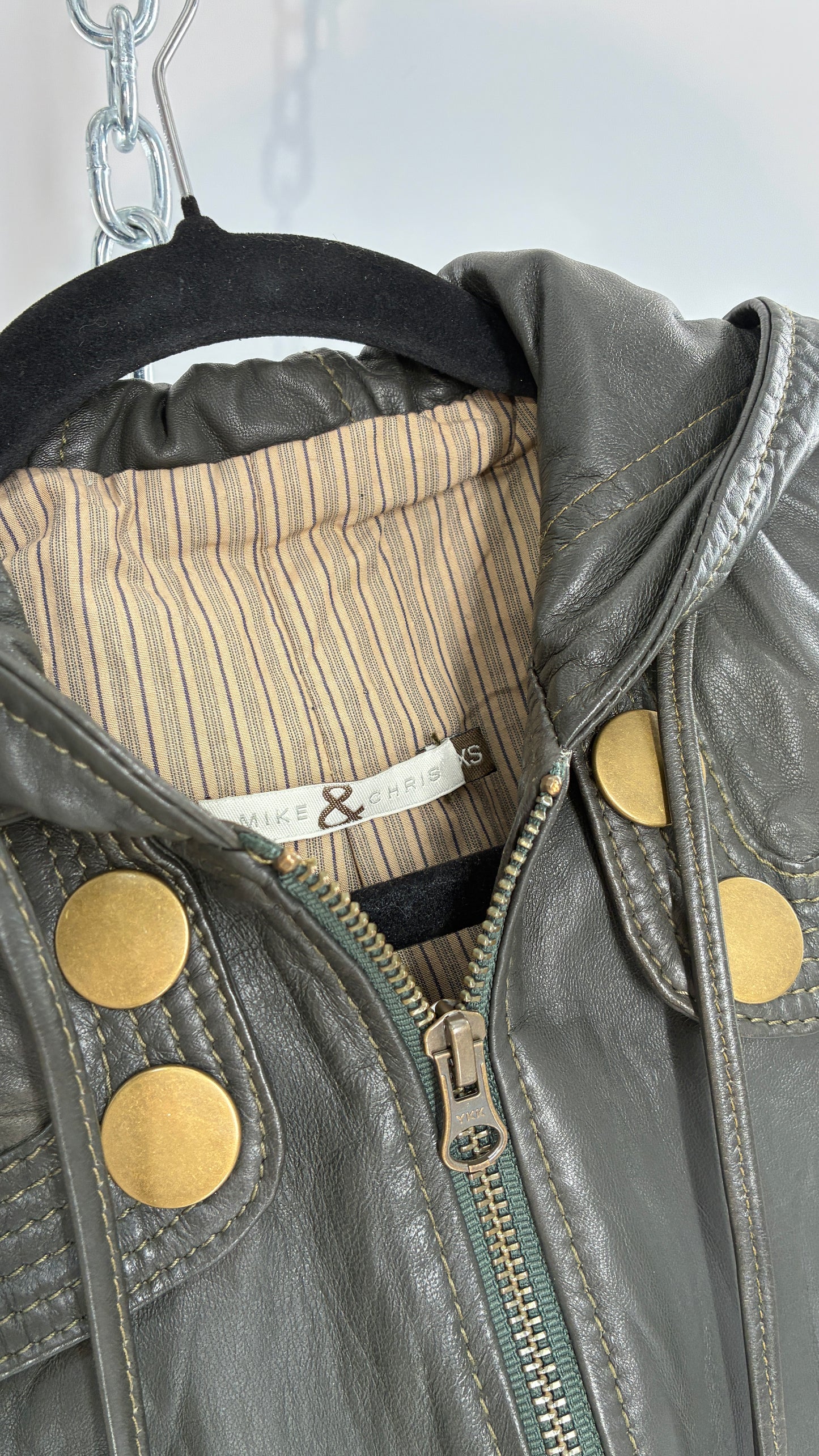 Vintage MIKE & CHRIS Grey Genuine Leather Hoodie Style Zip Front Jacket with Oversized Bronze Buttons and Contrast Stitching (XS)