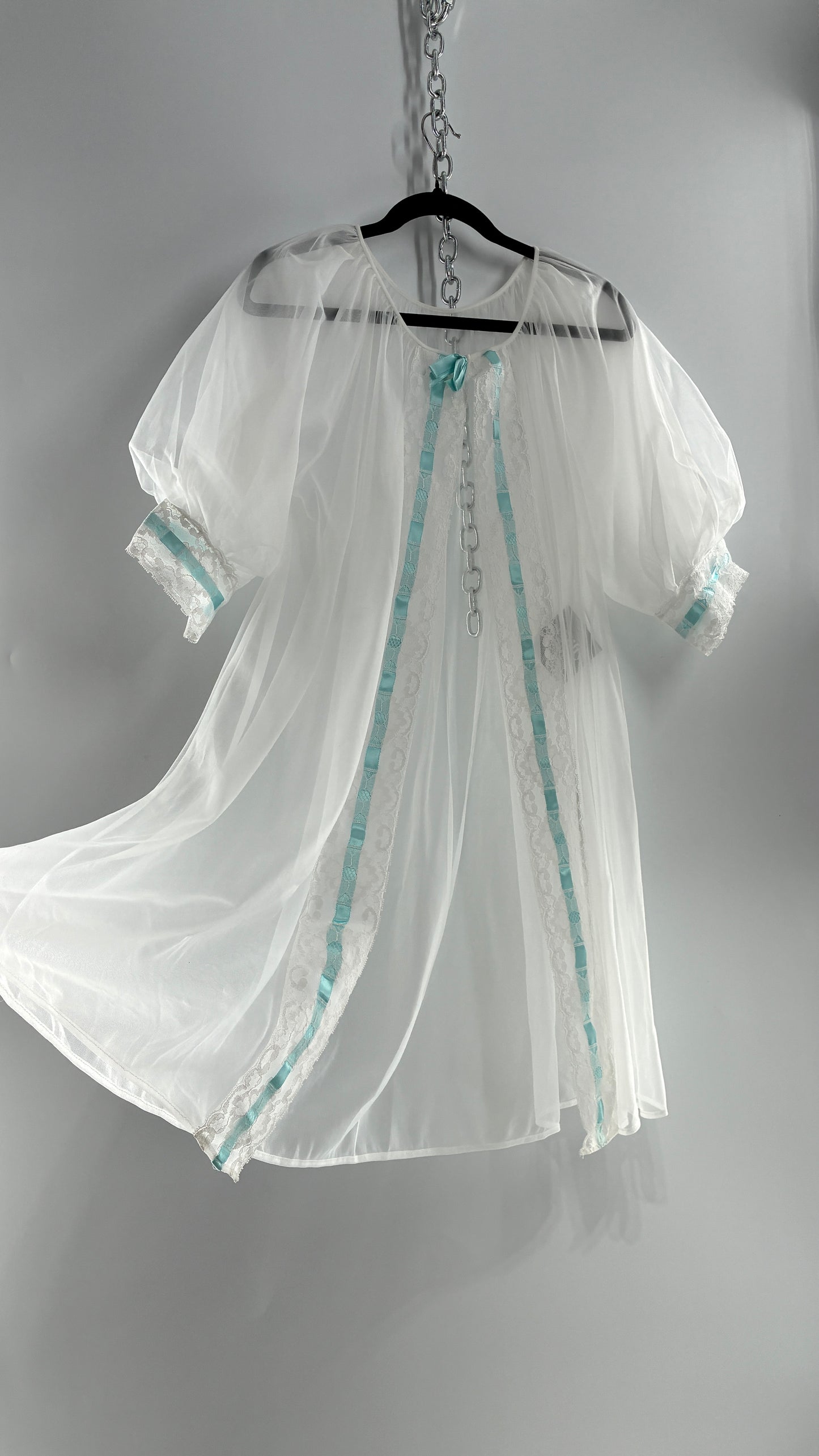 Vintage White Tulle Dress Cape  with Oversized Puff Sleeves, Lined with Lace and Baby Blue Ribbon Trim (Medium)