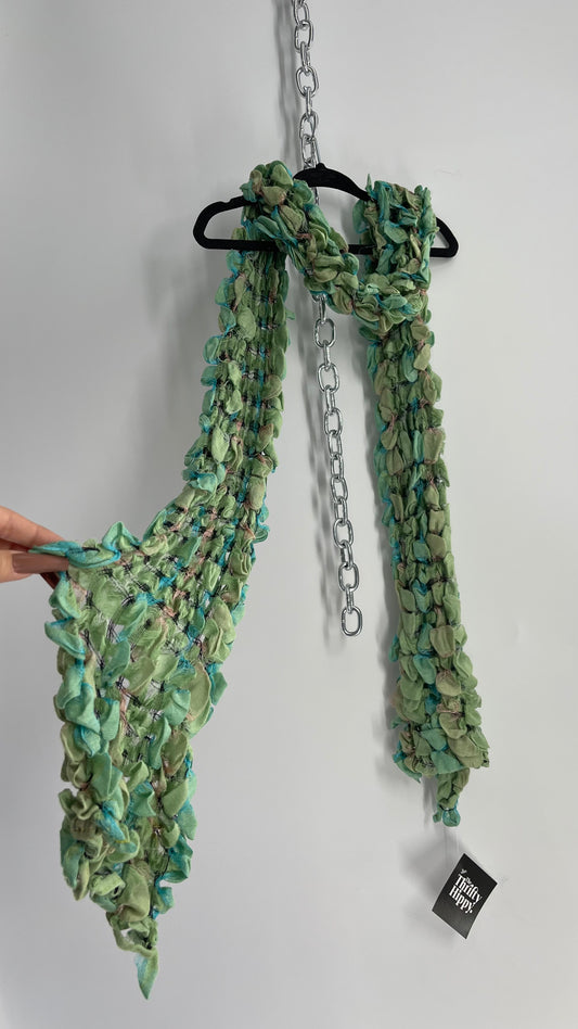 Vintage Scrunchy Green Textured Skinny Scarf