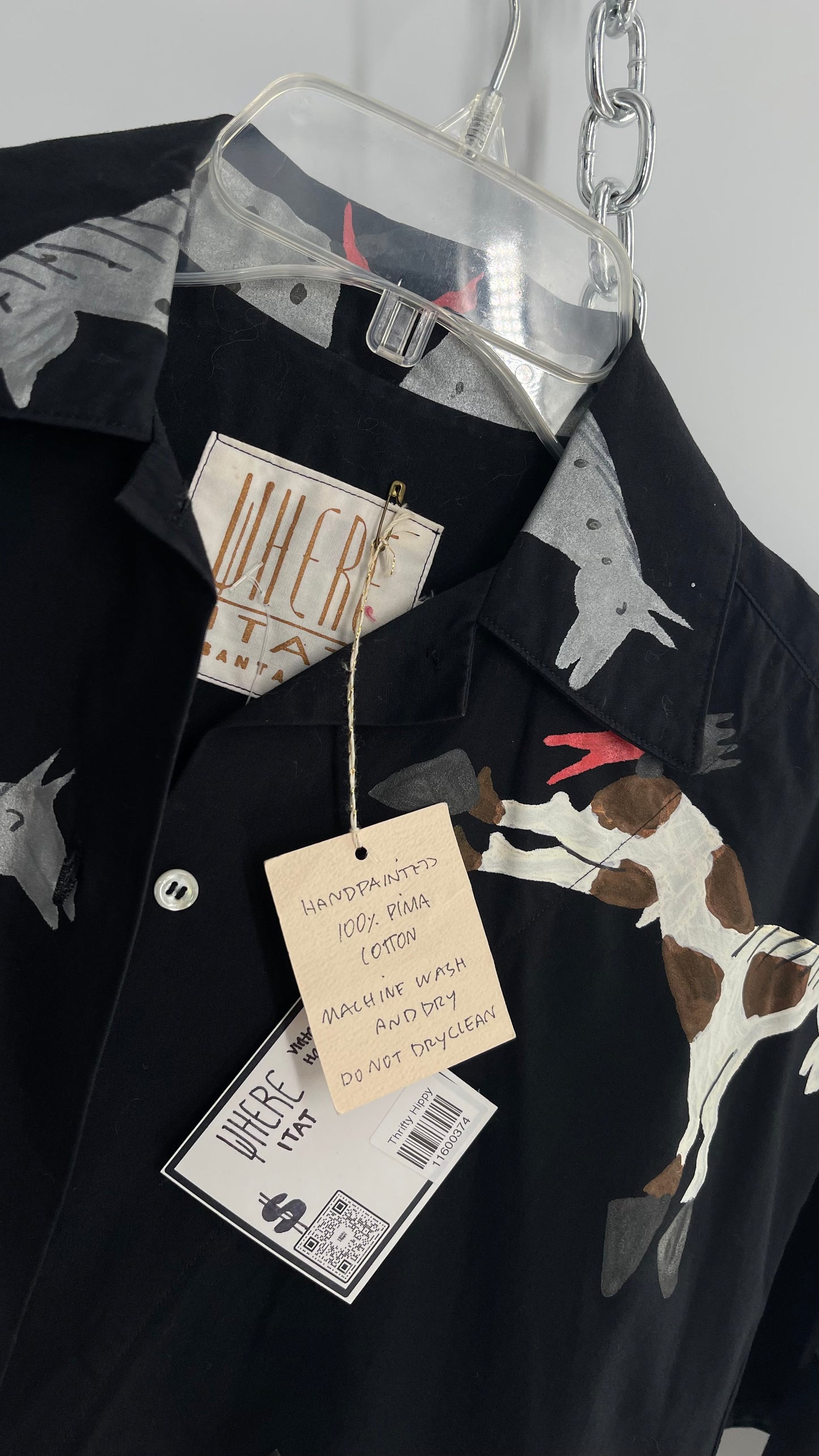 WHERE ITAT Black Button Up with Hand Painted Horses 100% Pima Cotton with Tags Attached (Small)