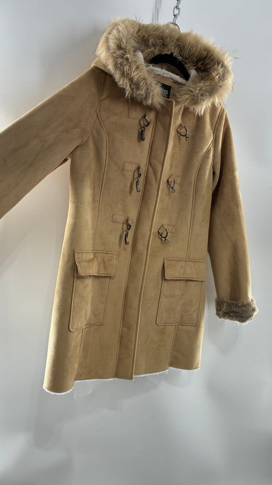 Deadstock Vintage MONROE AND MAIN Vegan Suede Coat with Fur Cuffs and Hood, Tags Attached (Medium)