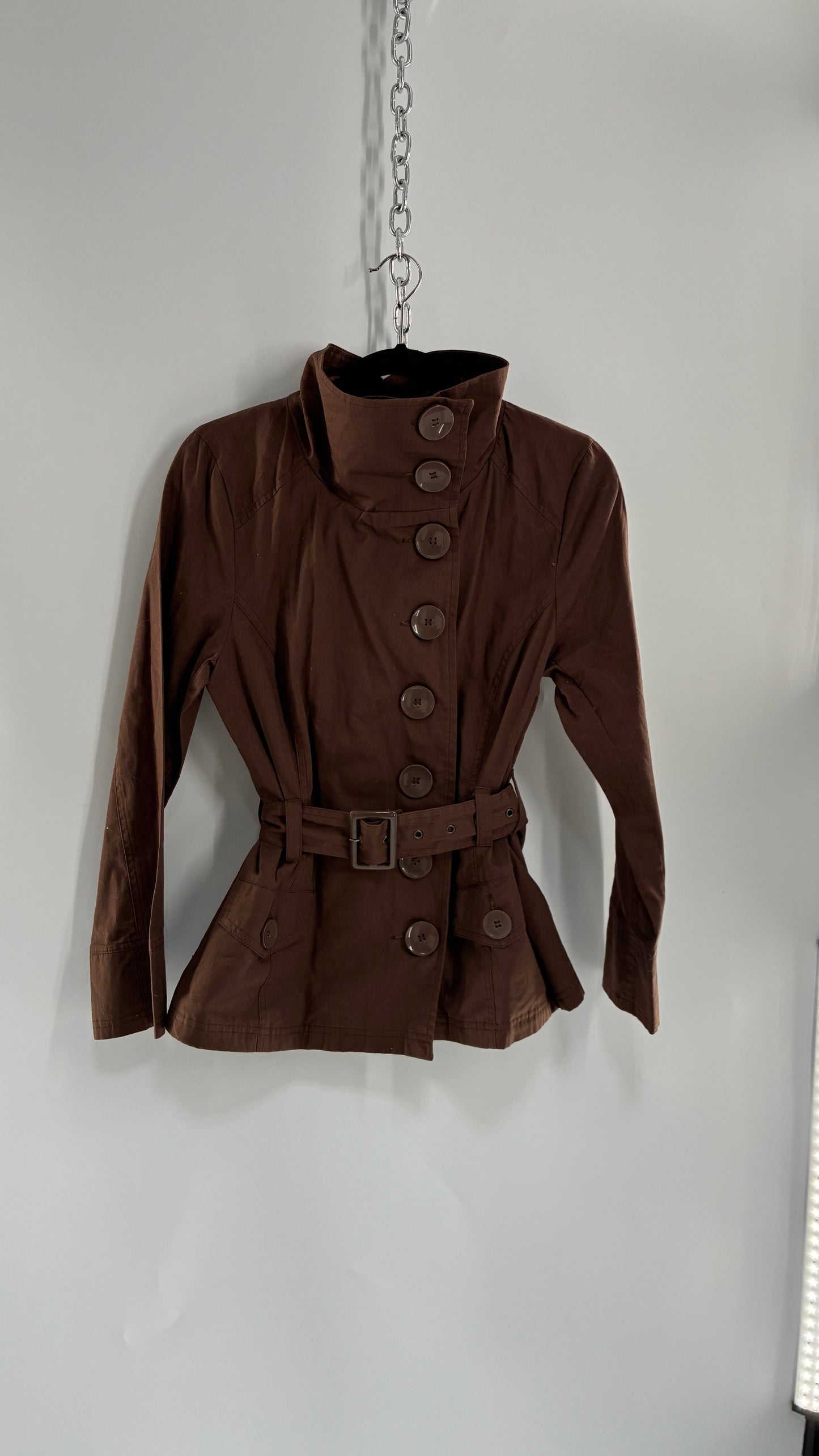 Vintage LAST KISS Brown Belted Trench Jacket with Pipe Neck and Oversized Buttons (Medium)