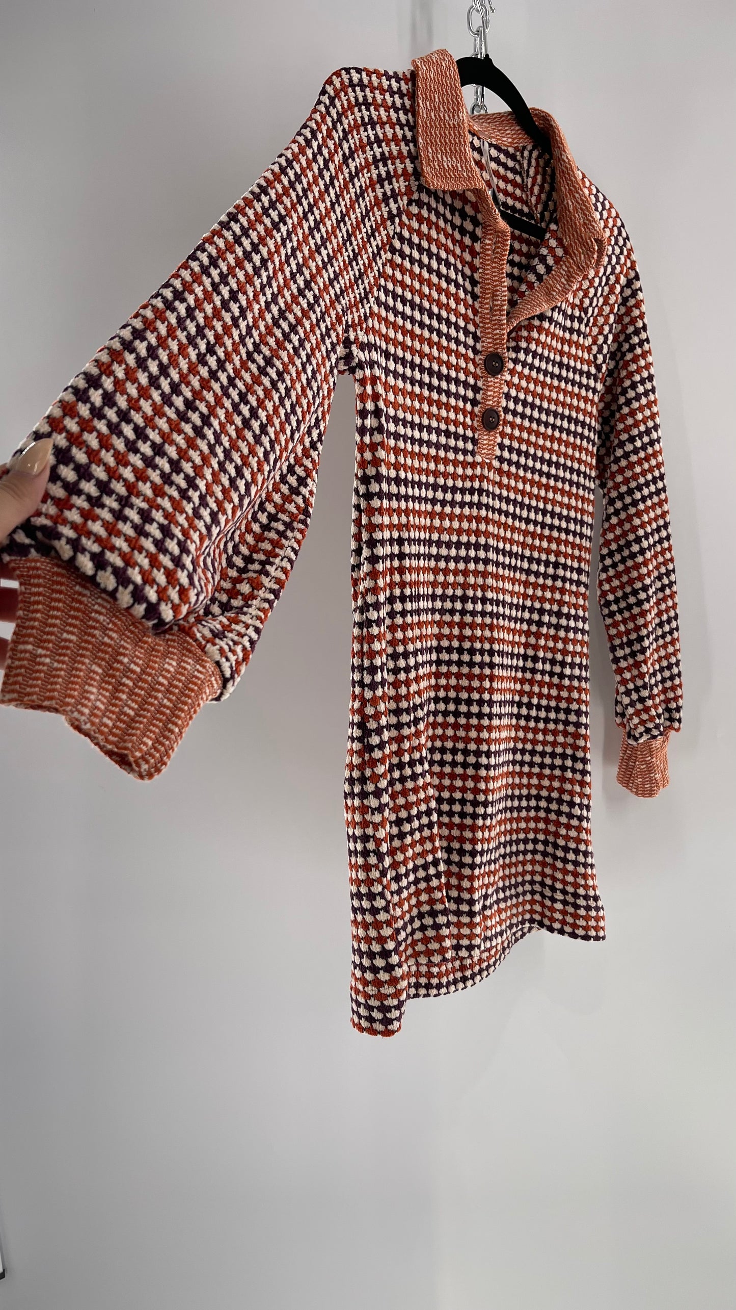 Free People Collared, Orange/Purple Chenille Knit Houndstooth Checkered Patterned 70s Dress (Small)