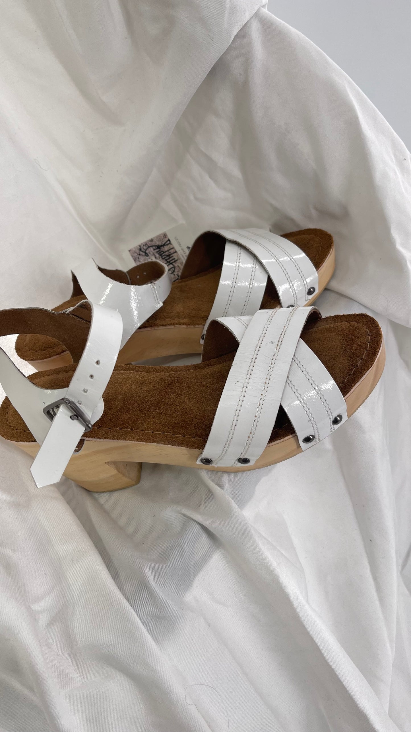 Urban Outfitters White Patent Clogs with Wooden Heel (6)