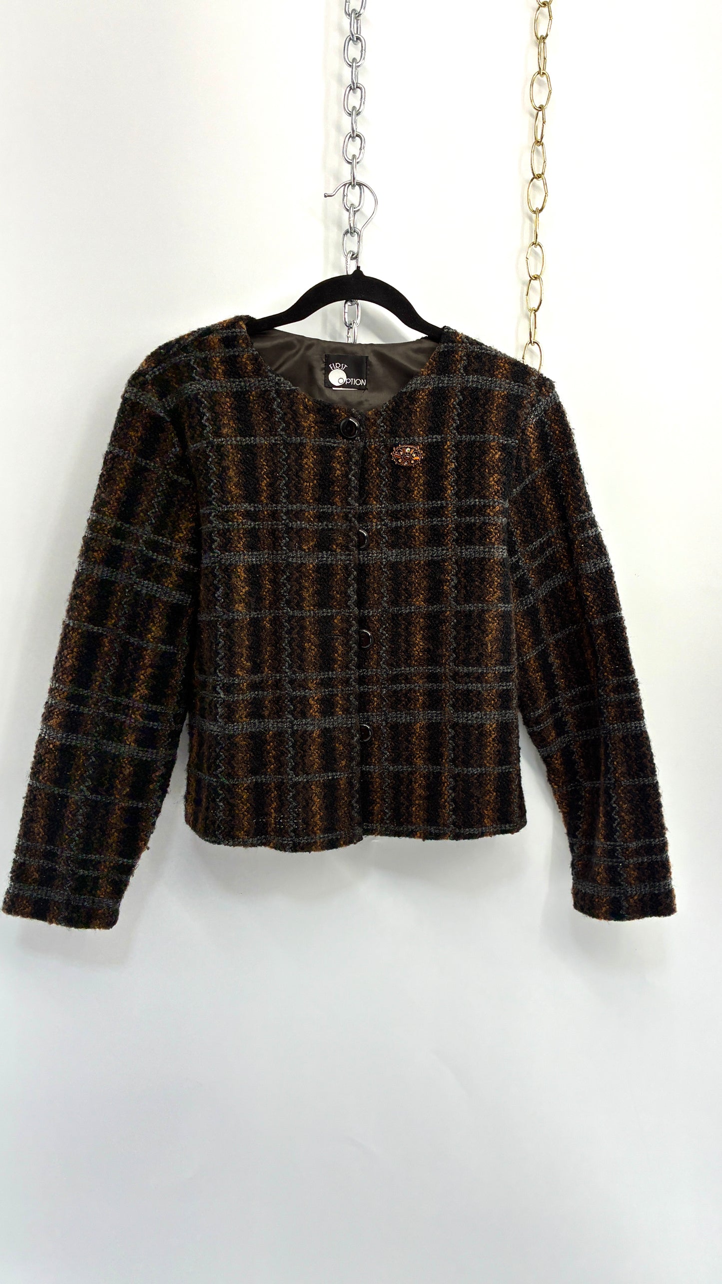 Vintage FIRST OPTION Plaid Knit Cardigan Jacket with Jewel Broche (Small)