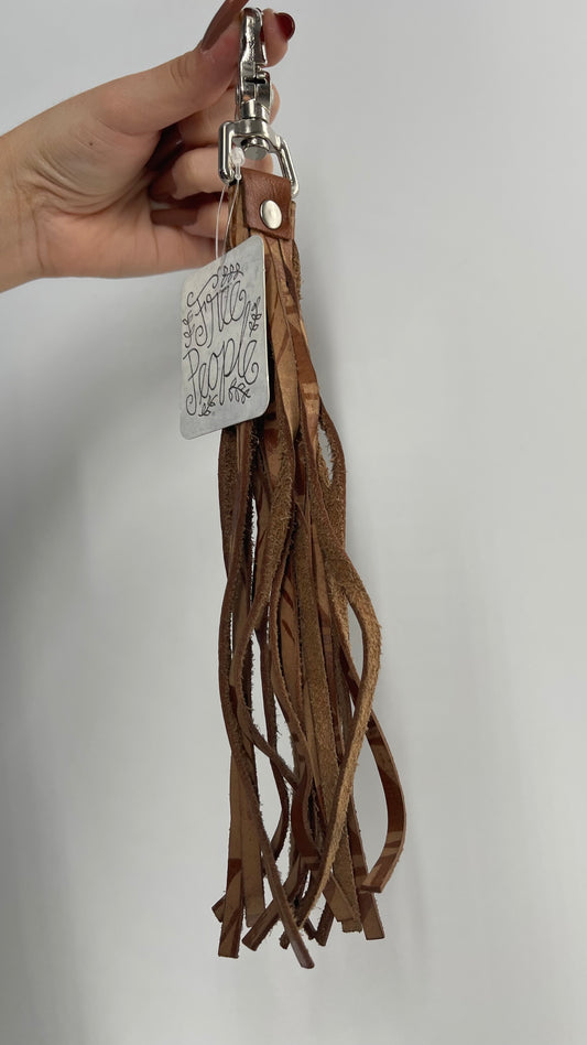 Free People Patterned Leather Tassel Keychain Ring with Tags Attached