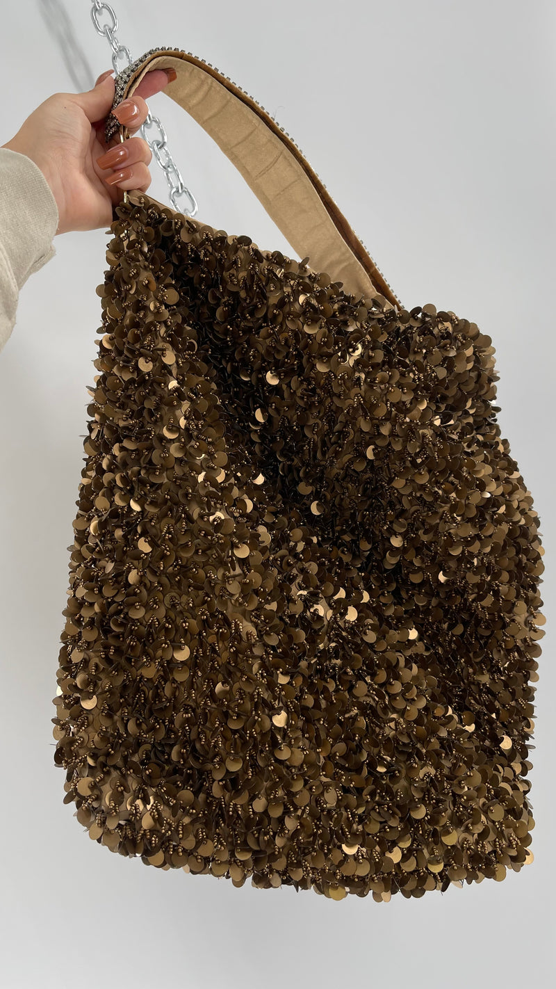 Deadstock The Find Marvelous Bronze Beaded Sequin Tote Bag with Gemstone Strap