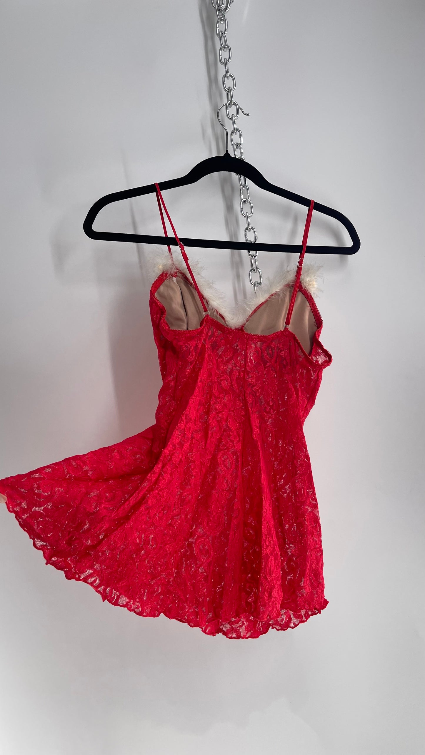 Vintage 1990s Cinema Etoile Red Lace Babydoll with White Feather Trim (Small)